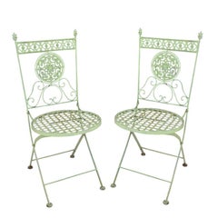 Antique French 19th Century Victorian Green Metal Folding Garden Chairs, a Pair