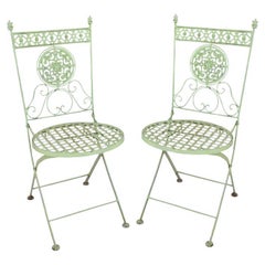 Antique French 19th Century Victorian Green Metal Folding Garden Chairs, a Pair