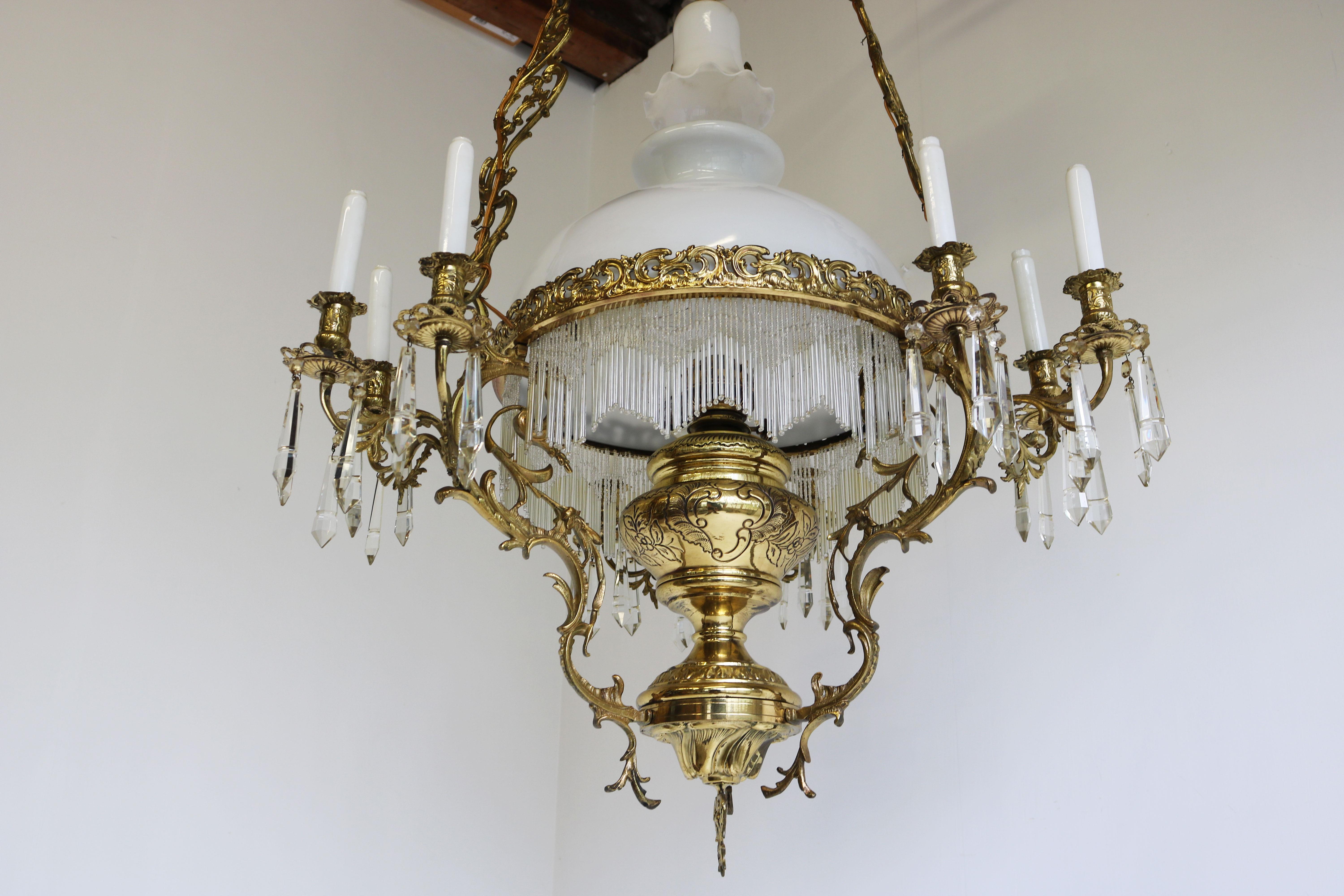 Antique French 19th Century Victorian Oil Lamp Chandelier Brass Opaline Hanging For Sale 7