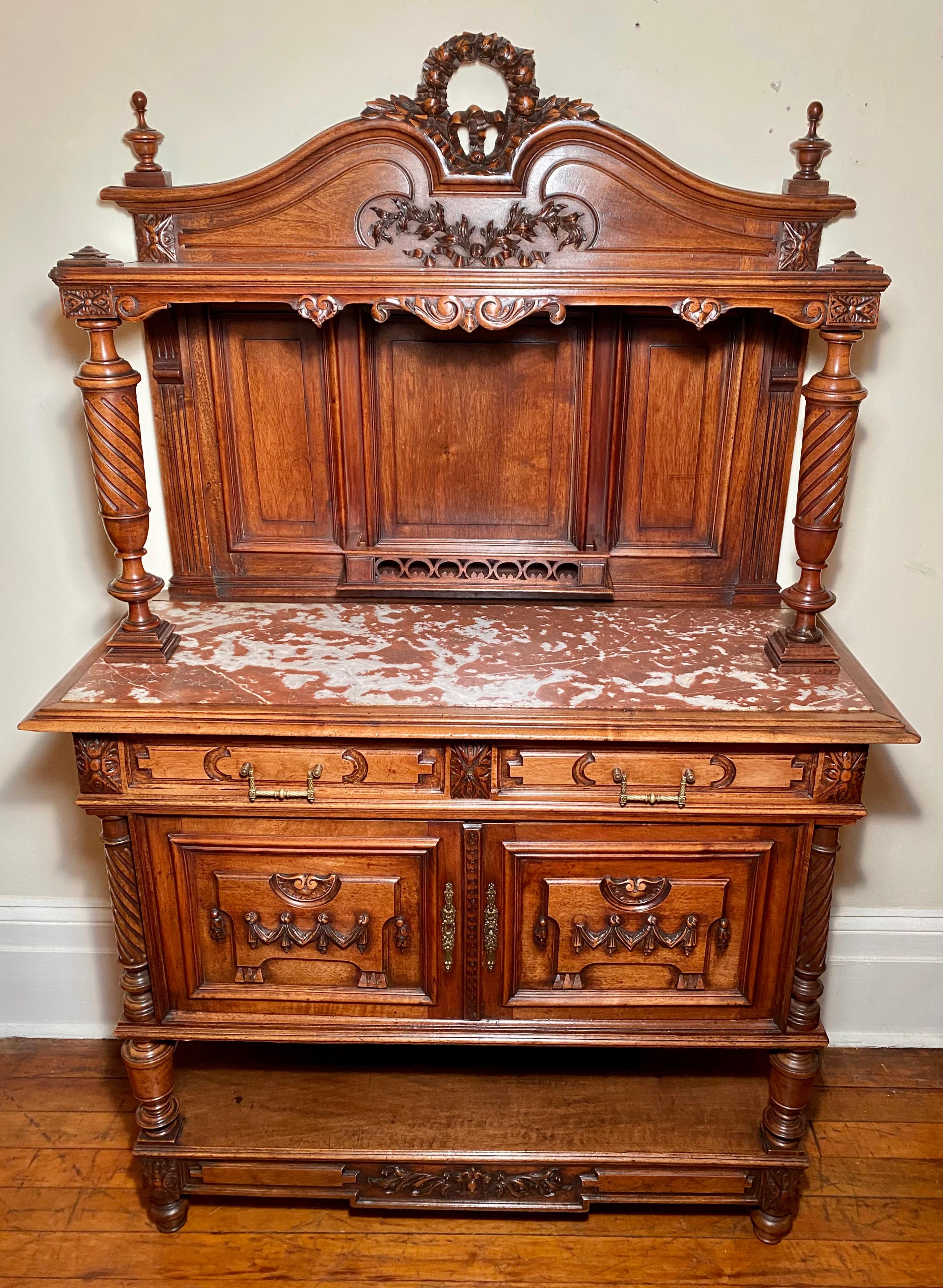 Antique French 19th century walnut server with marble top.