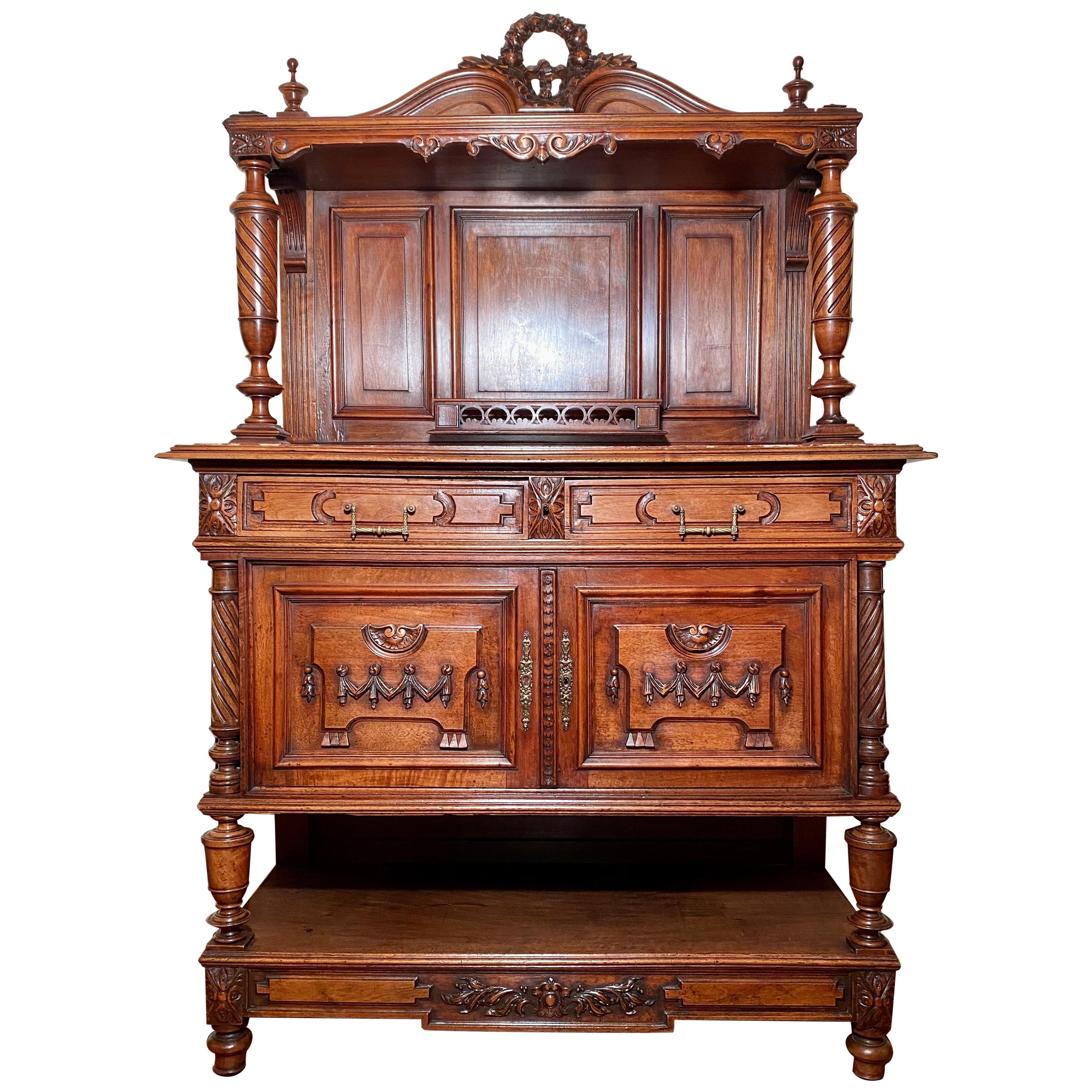 Antique French 19th Century Walnut Server with Marble Top For Sale