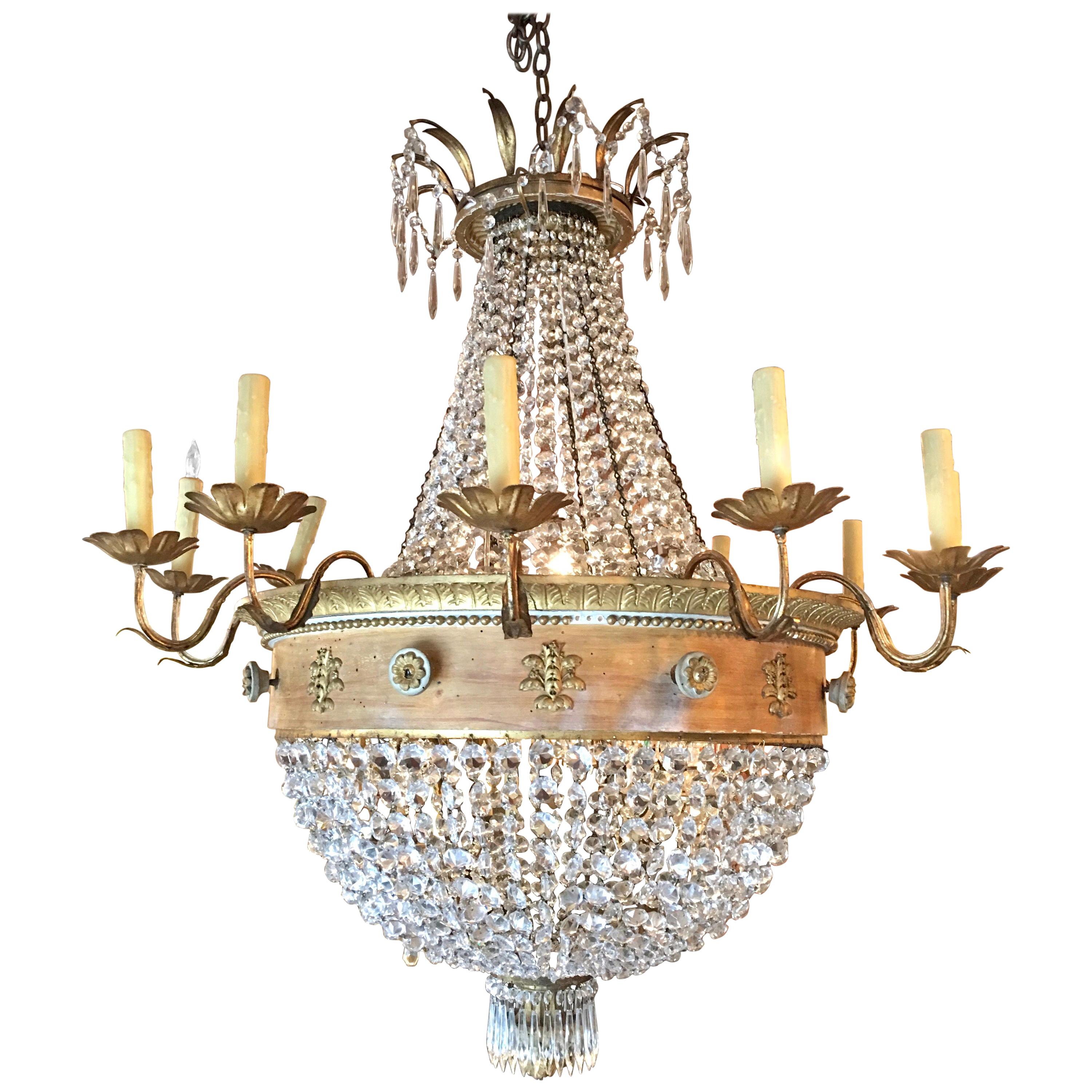 Antique French 19th Century Wood, Bronze and Crystal Empire Chandelier
