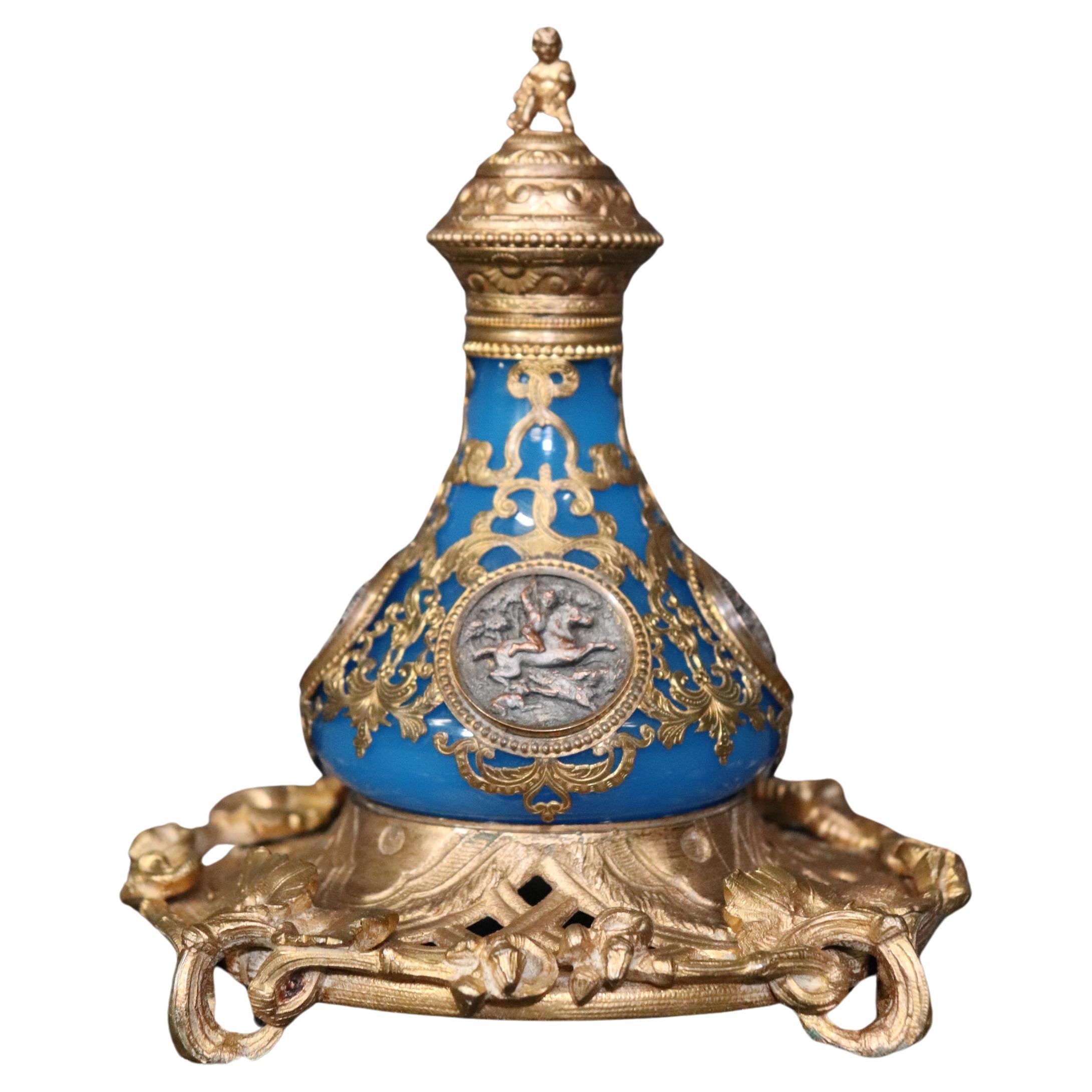 Antique French 2 Piece Blue Opaline and Bronze Ormolu Perfume Bottle