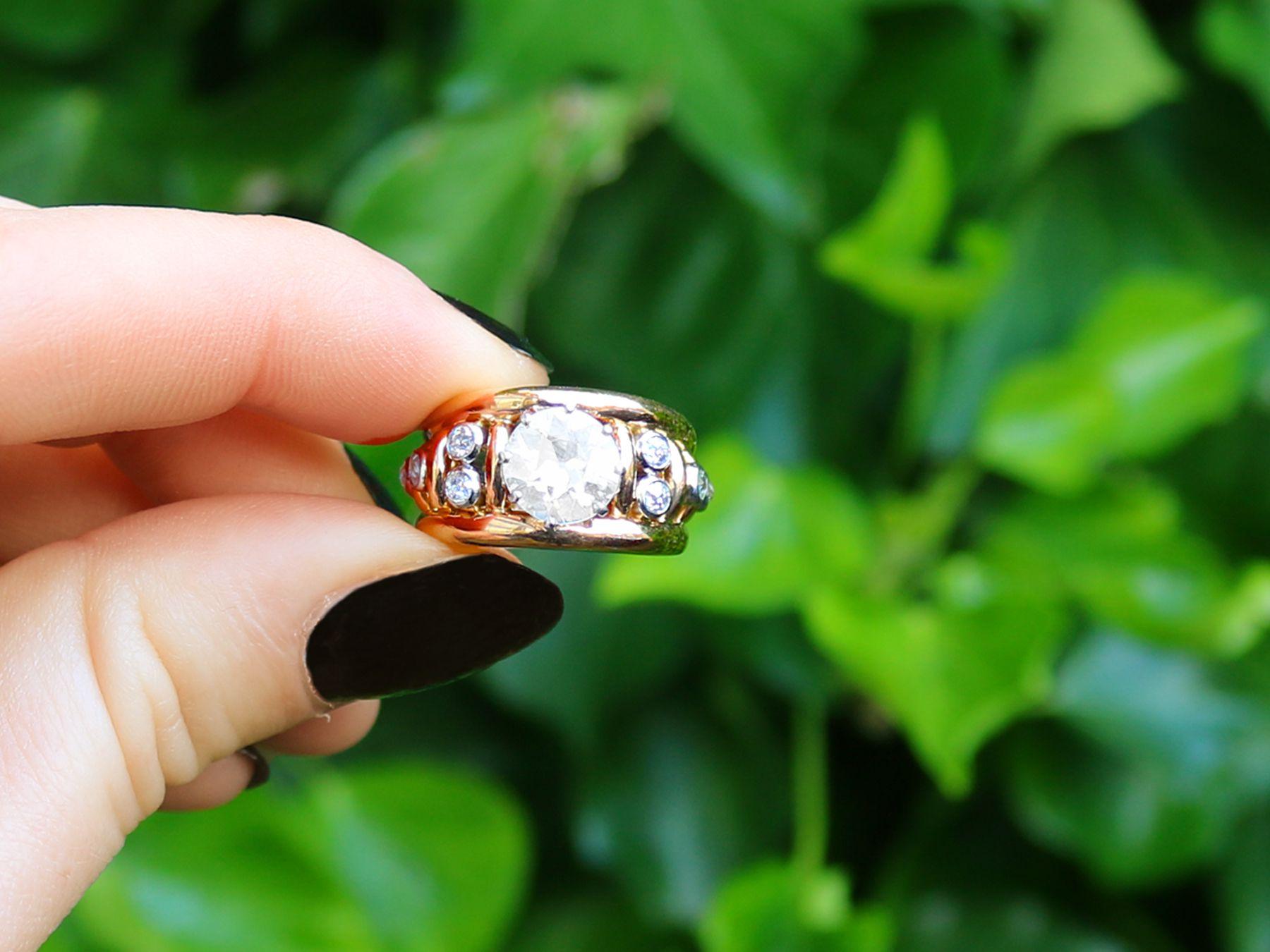 A stunning antique French 2 carat diamond and 18k yellow gold, platinum set dress ring; part of our diverse antique jewelry and estate jewelry collections.

This stunning, fine and impressive antique French diamond and gold ring has been crafted in