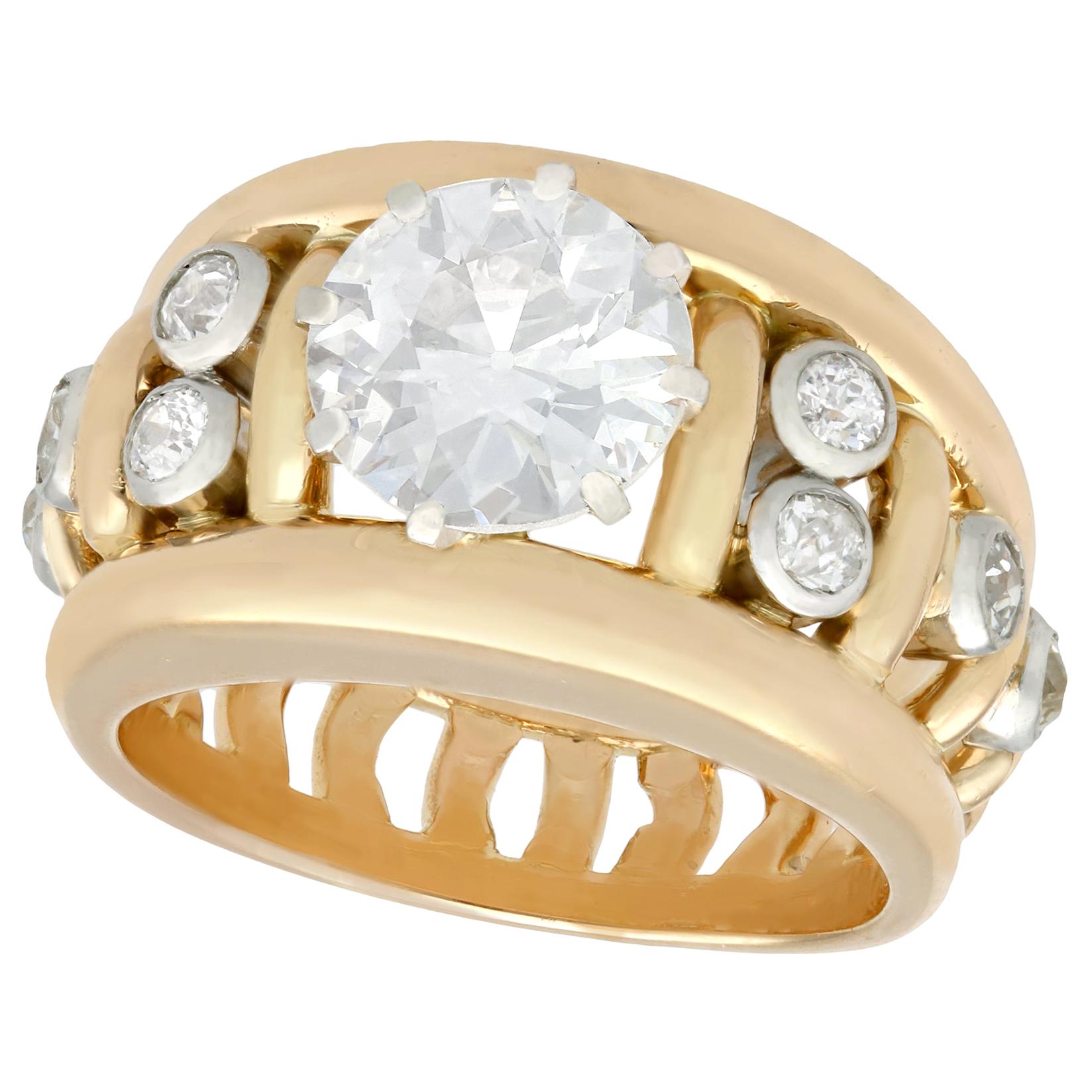 Antique French 2.00 Carat Diamond Yellow Gold Platinum Set Cocktail Ring For Sale
