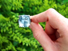 Antique French 21.02 Carat Aquamarine 1.90 Carat Onyx Platinum Ring Circa 1920