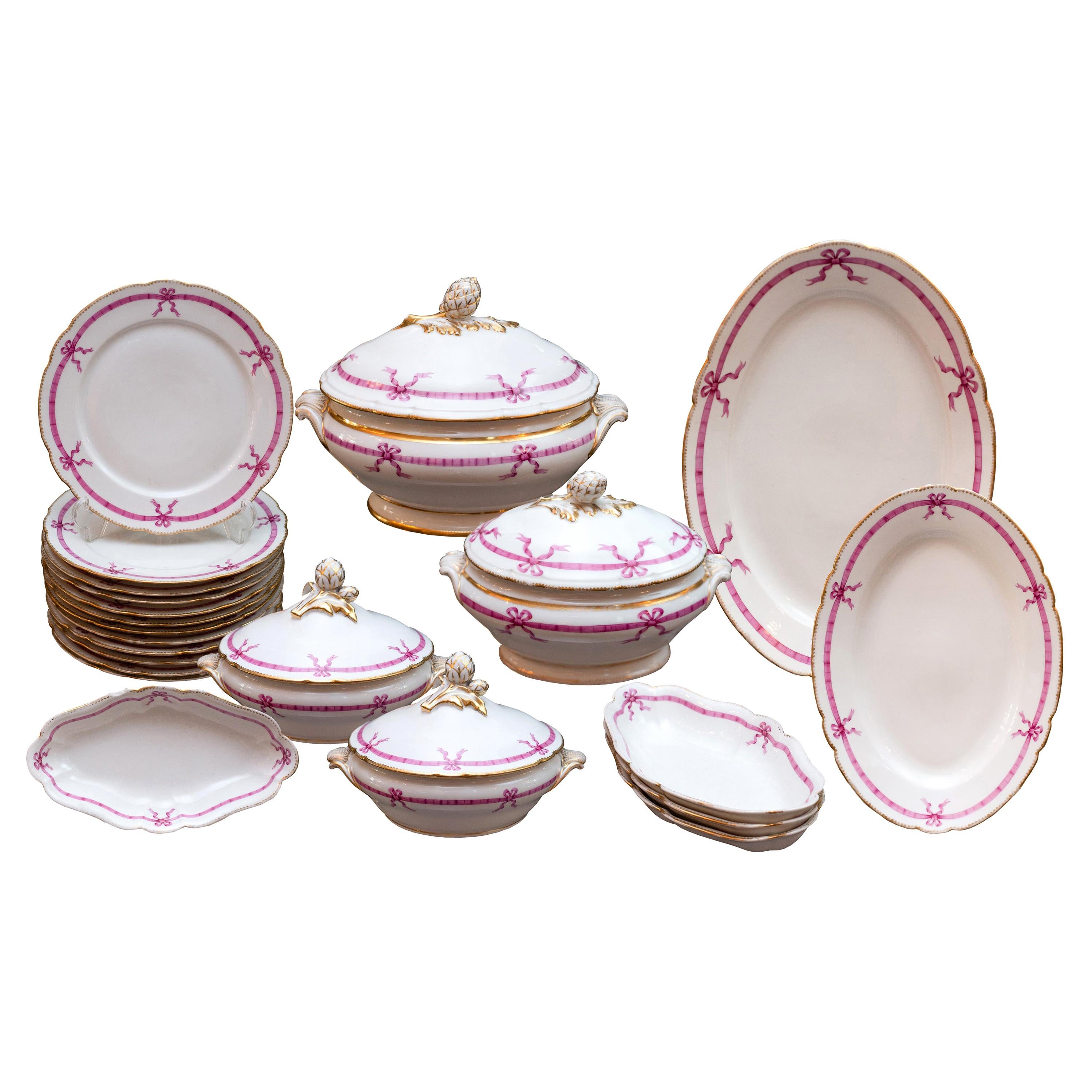 Antique French 22-Piece White Porcelain Dinner Set with Pink Ribbon Motif