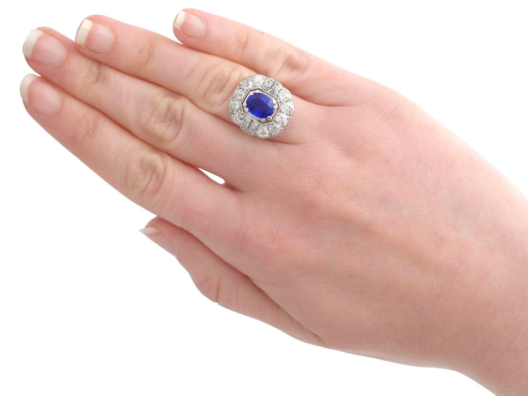 Old European Cut Antique French 2.20 Carat Sapphire and 2.16 Carat Diamond Gold Cluster Ring For Sale