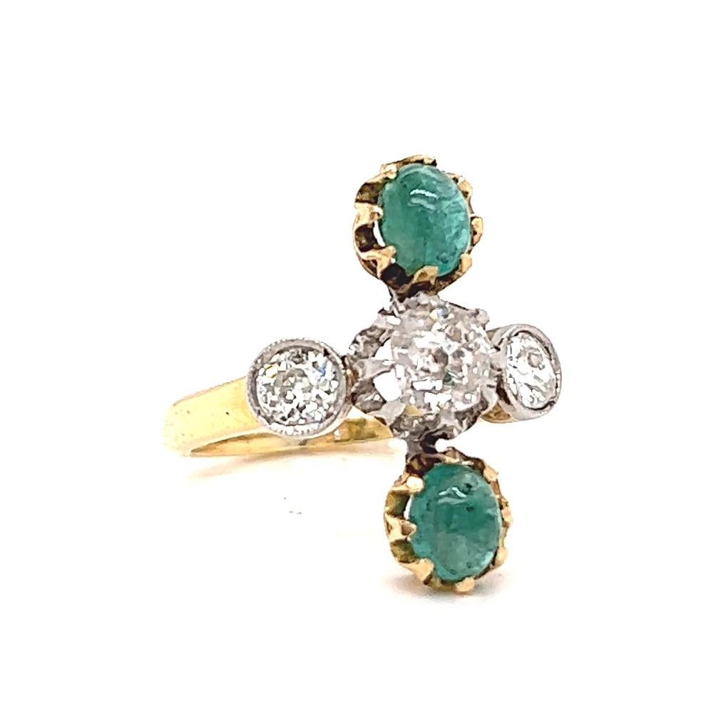 Women's or Men's Antique French Old Mine Cut Diamond Emerald 18 Karat Gold Ring For Sale