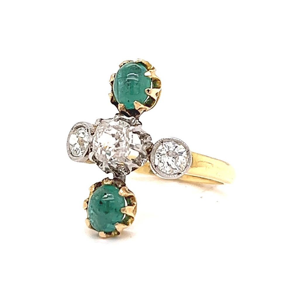 Antique French Old Mine Cut Diamond Emerald 18 Karat Gold Ring For Sale 1
