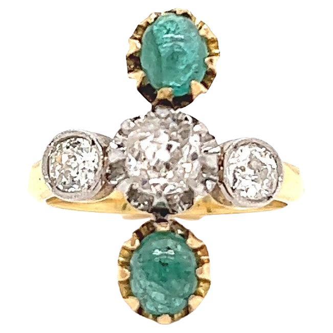Antique French Old Mine Cut Diamond Emerald 18 Karat Gold Ring For Sale