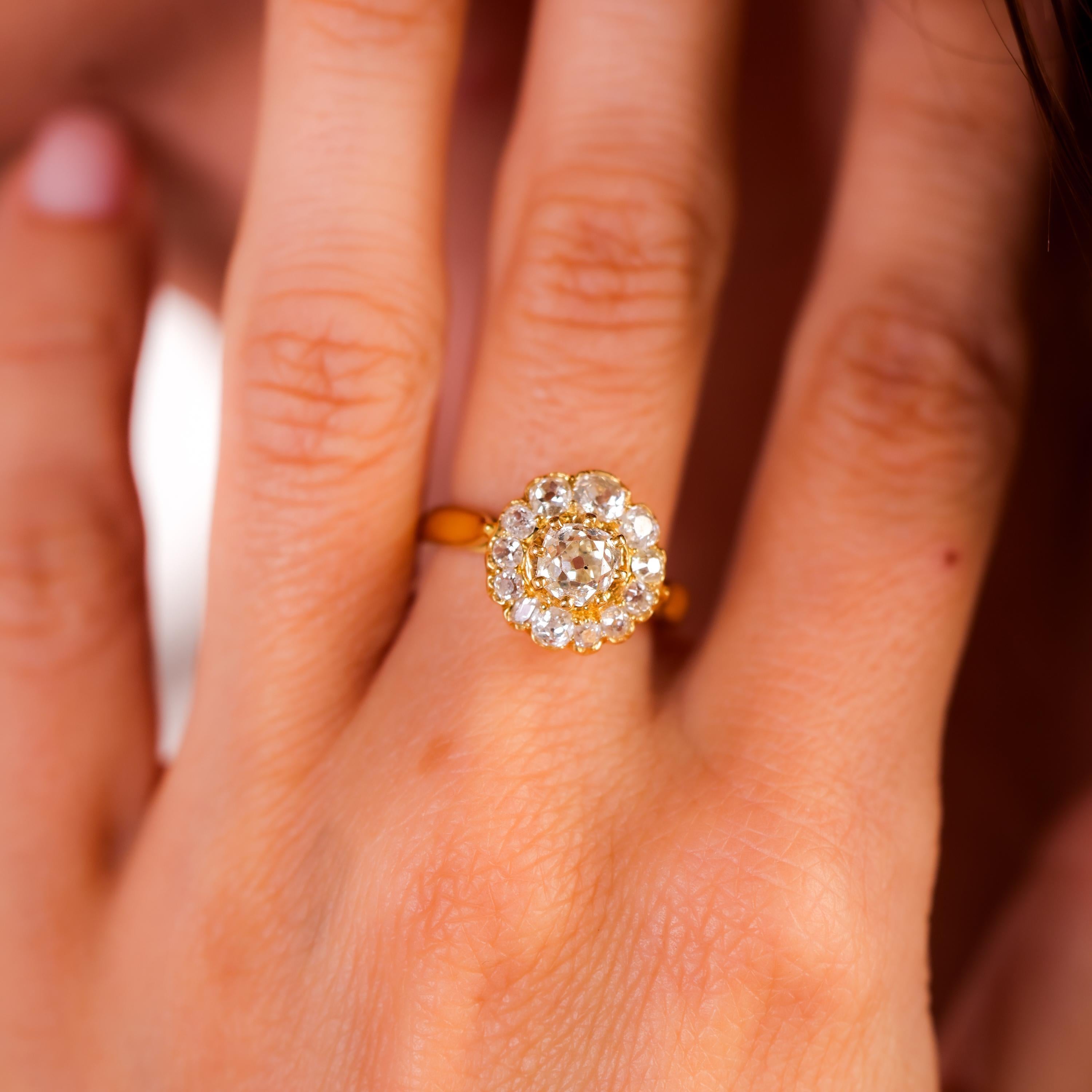 Old Mine Cut Antique French 2.5 Carat Total Weight Diamond 18K Yellow Gold Cluster Ring