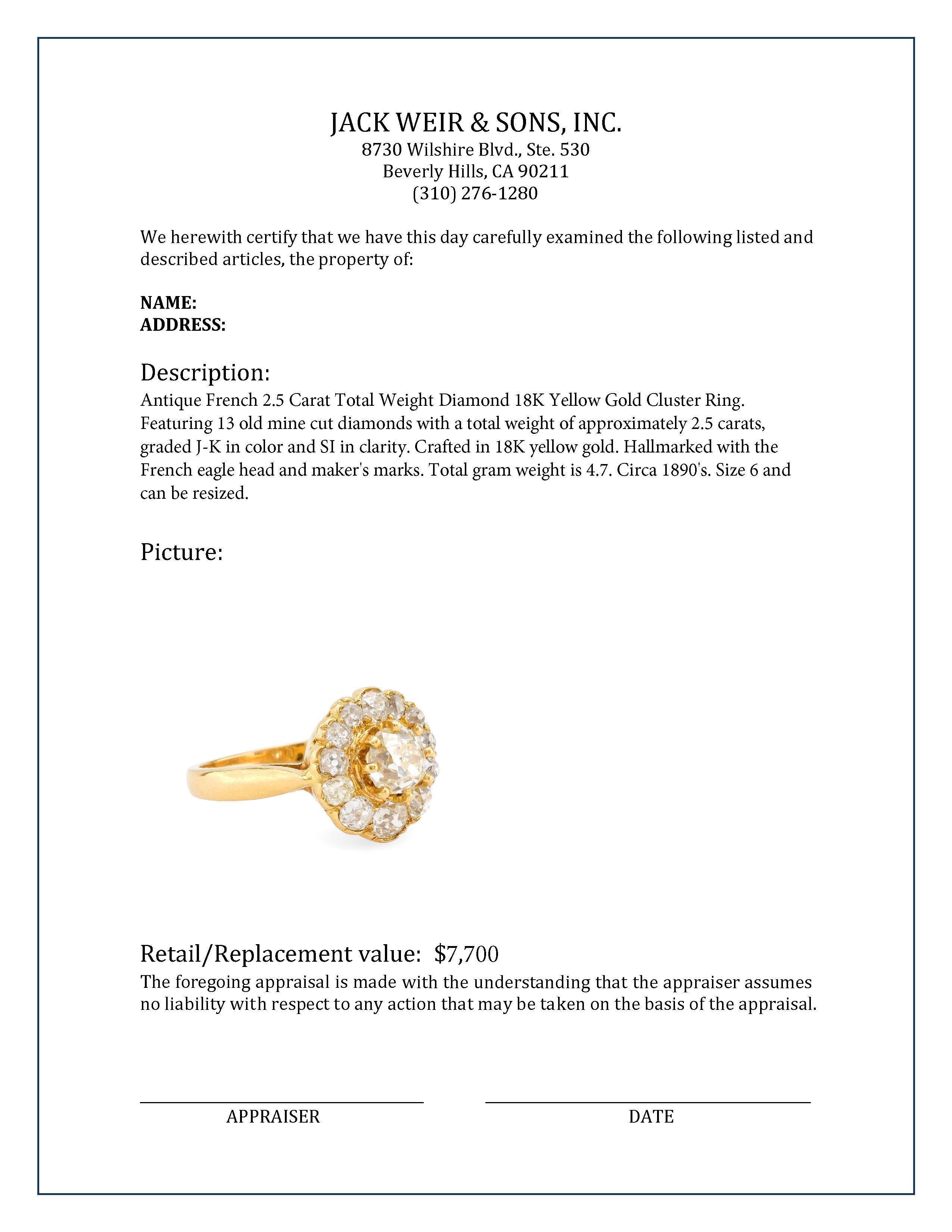 Antique French 2.5 Carat Total Weight Diamond 18K Yellow Gold Cluster Ring In Excellent Condition In Beverly Hills, CA