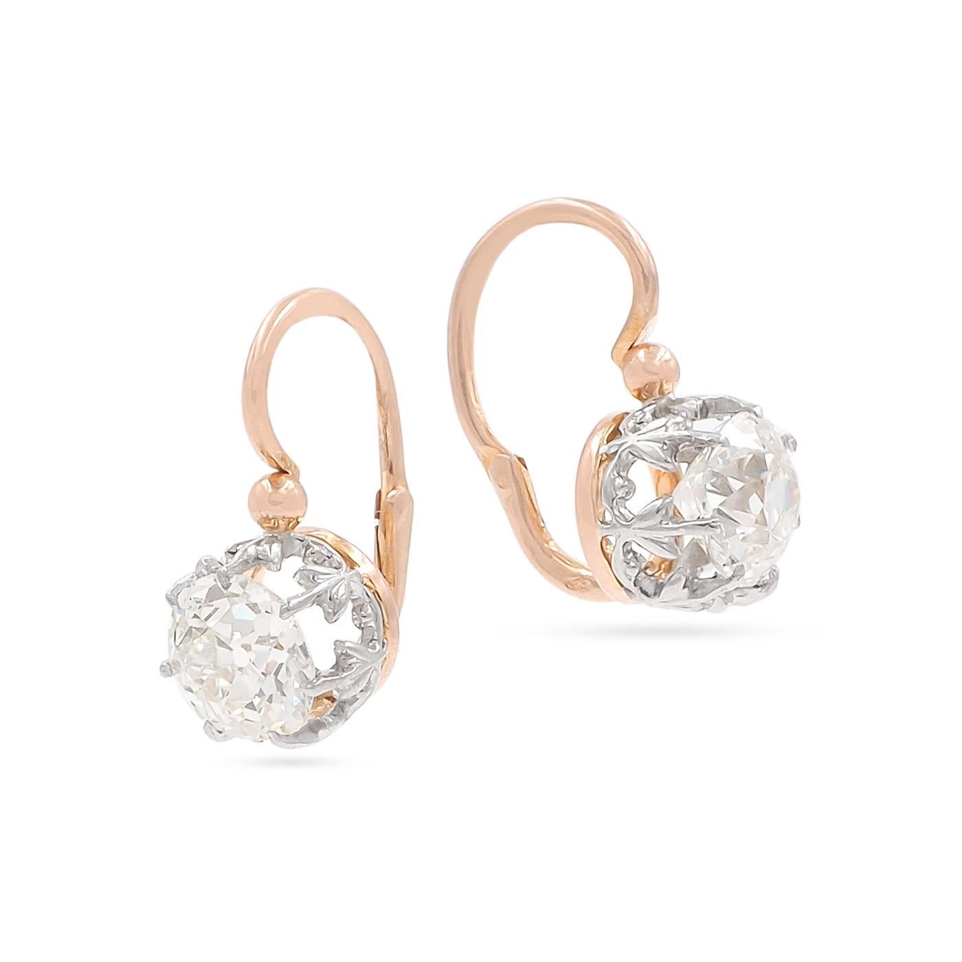 French Belle Epoque (Edwardian Era) 2.52 Ctw. Old European Cut Diamond Drop Earrings composed of platinum & 18k yellow gold. With 1 Old European Cut diamond per earring, set into platinum. Both of the Old European Cut diamonds are GIA certified -