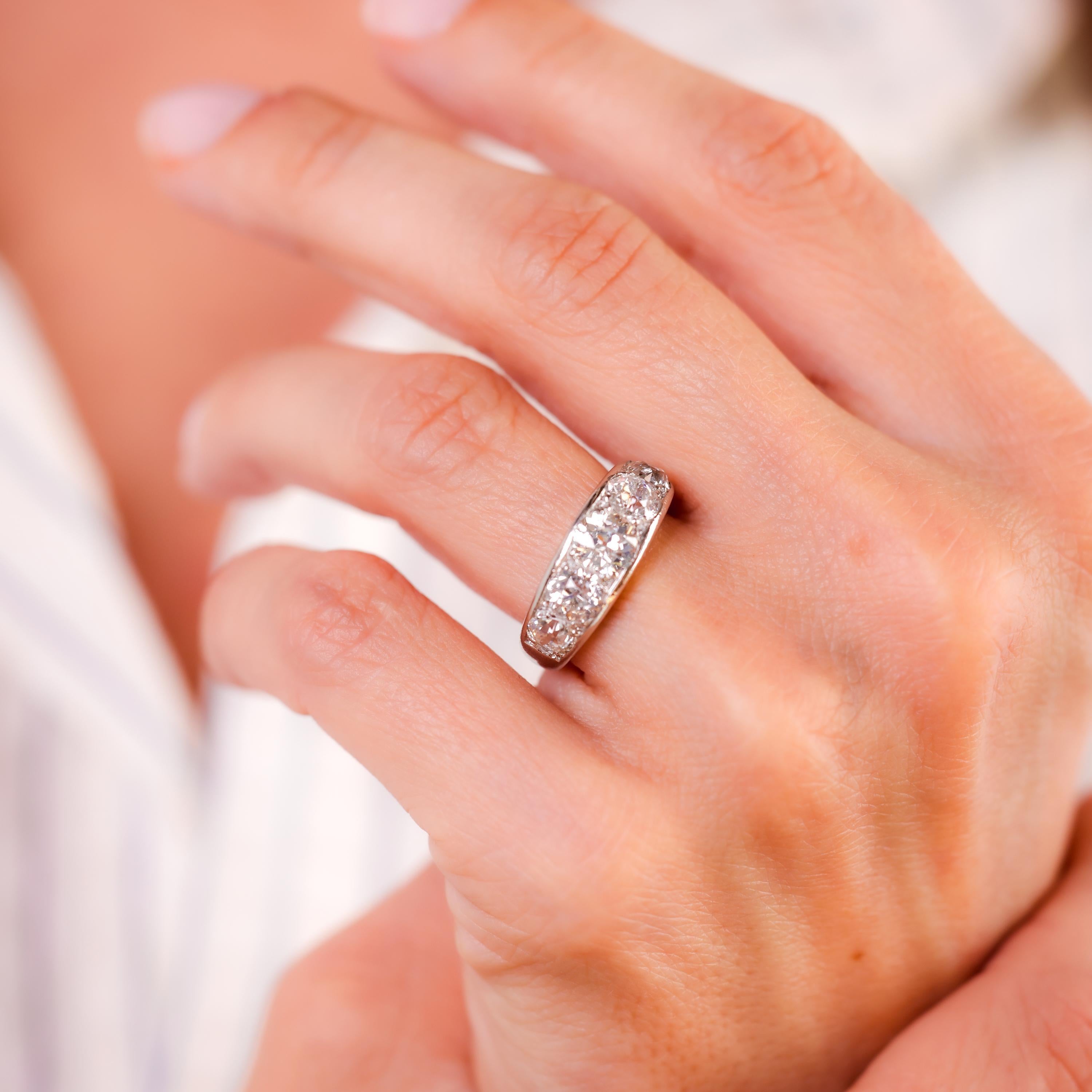 Old European Cut Antique French 2.6 Carat Total Weight Diamond Platinum Five Stone Band