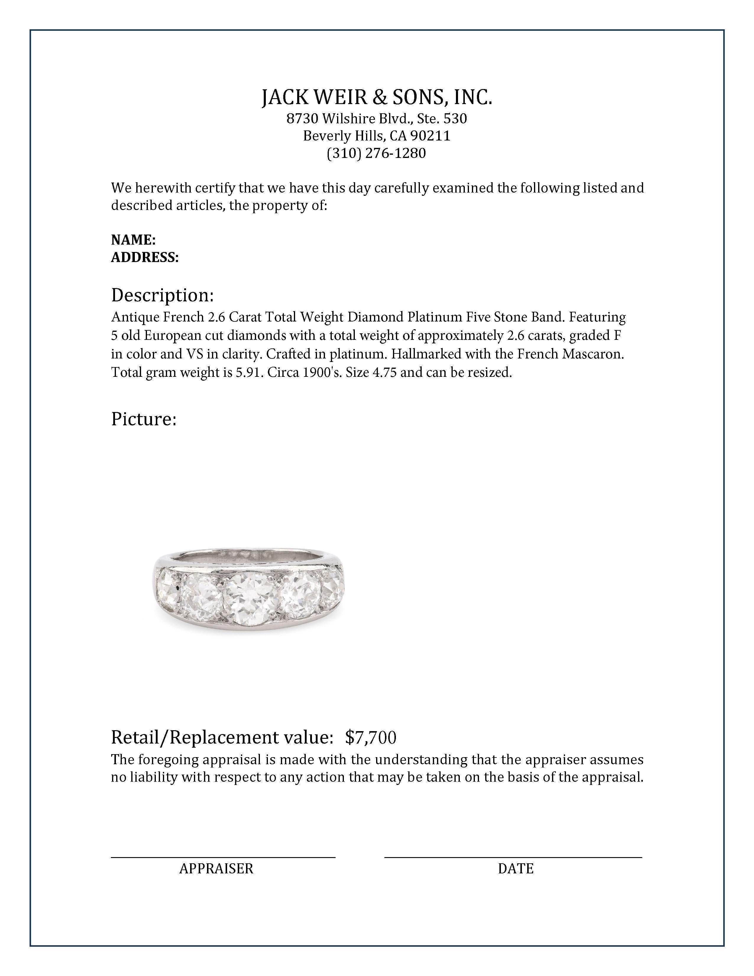 Antique French 2.6 Carat Total Weight Diamond Platinum Five Stone Band In Excellent Condition In Beverly Hills, CA