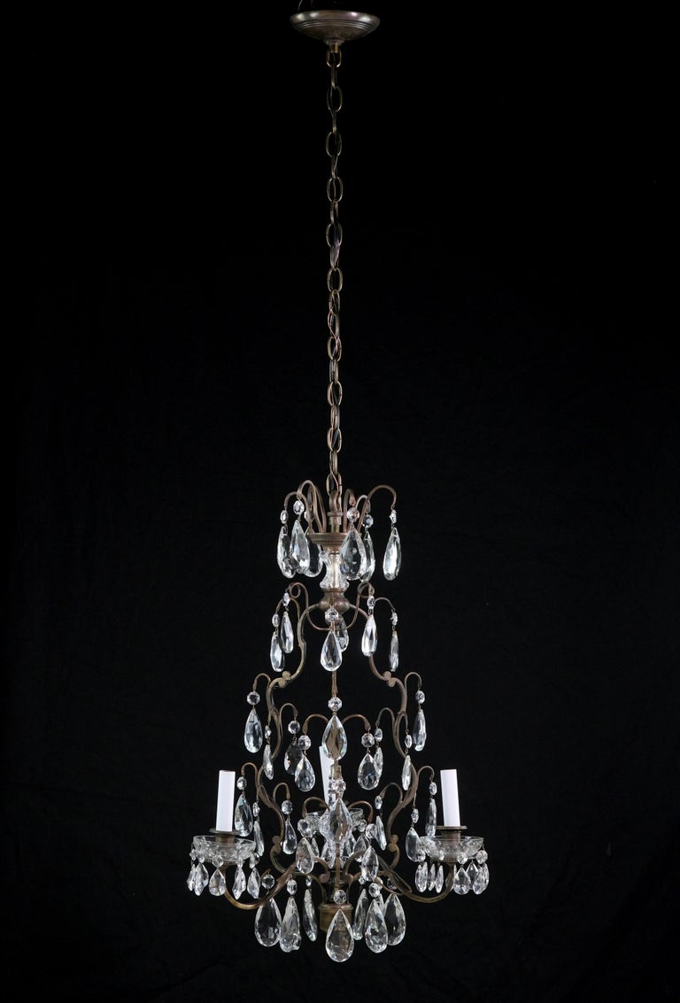 Antique French 3Arm Bronze Chandelier w/ Crystal Bobeches and Tear