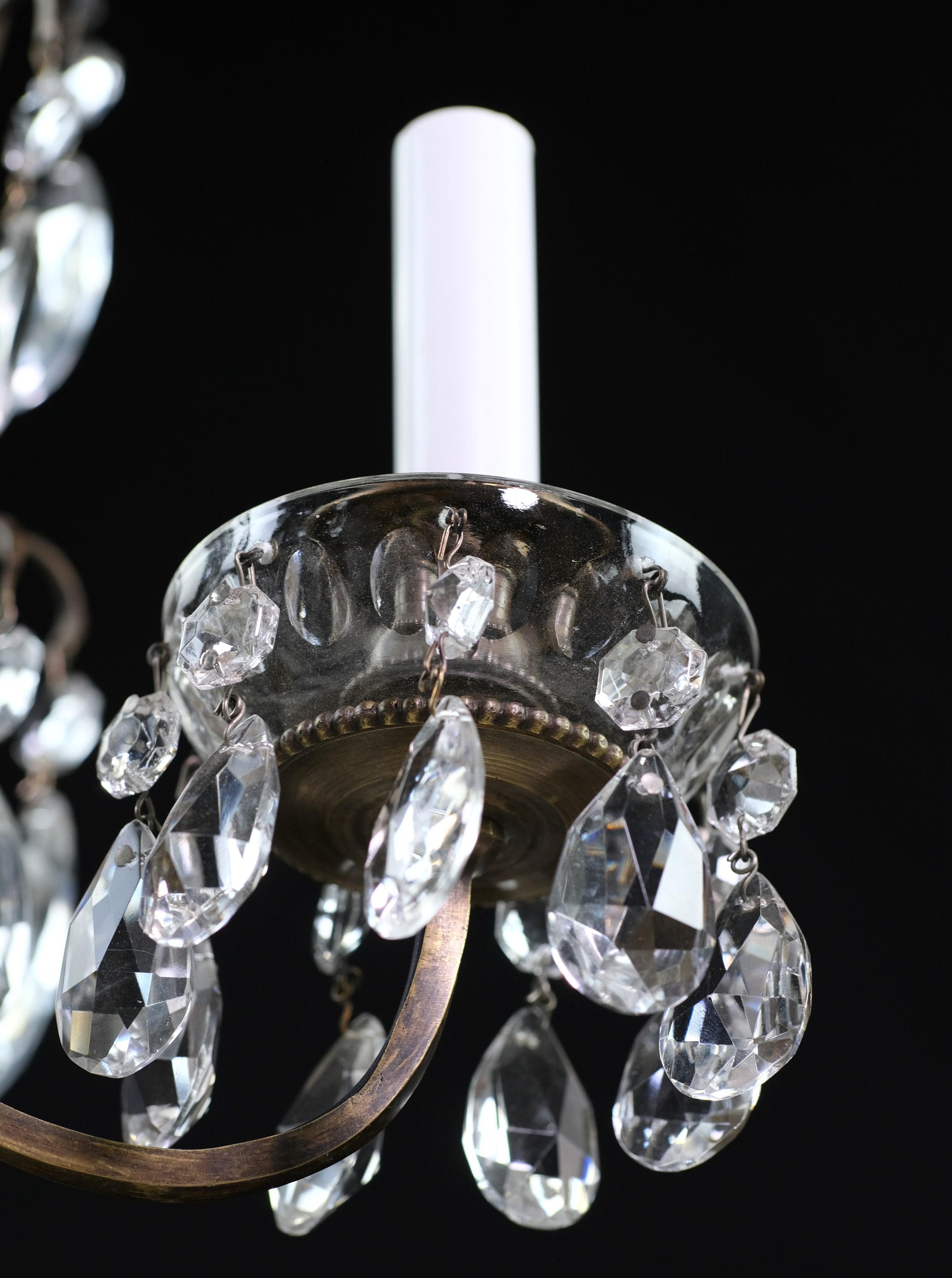 French 3 Arm Bronze Chandelier Crystal Bobeches Tear Drop Crystals In Good Condition For Sale In New York, NY
