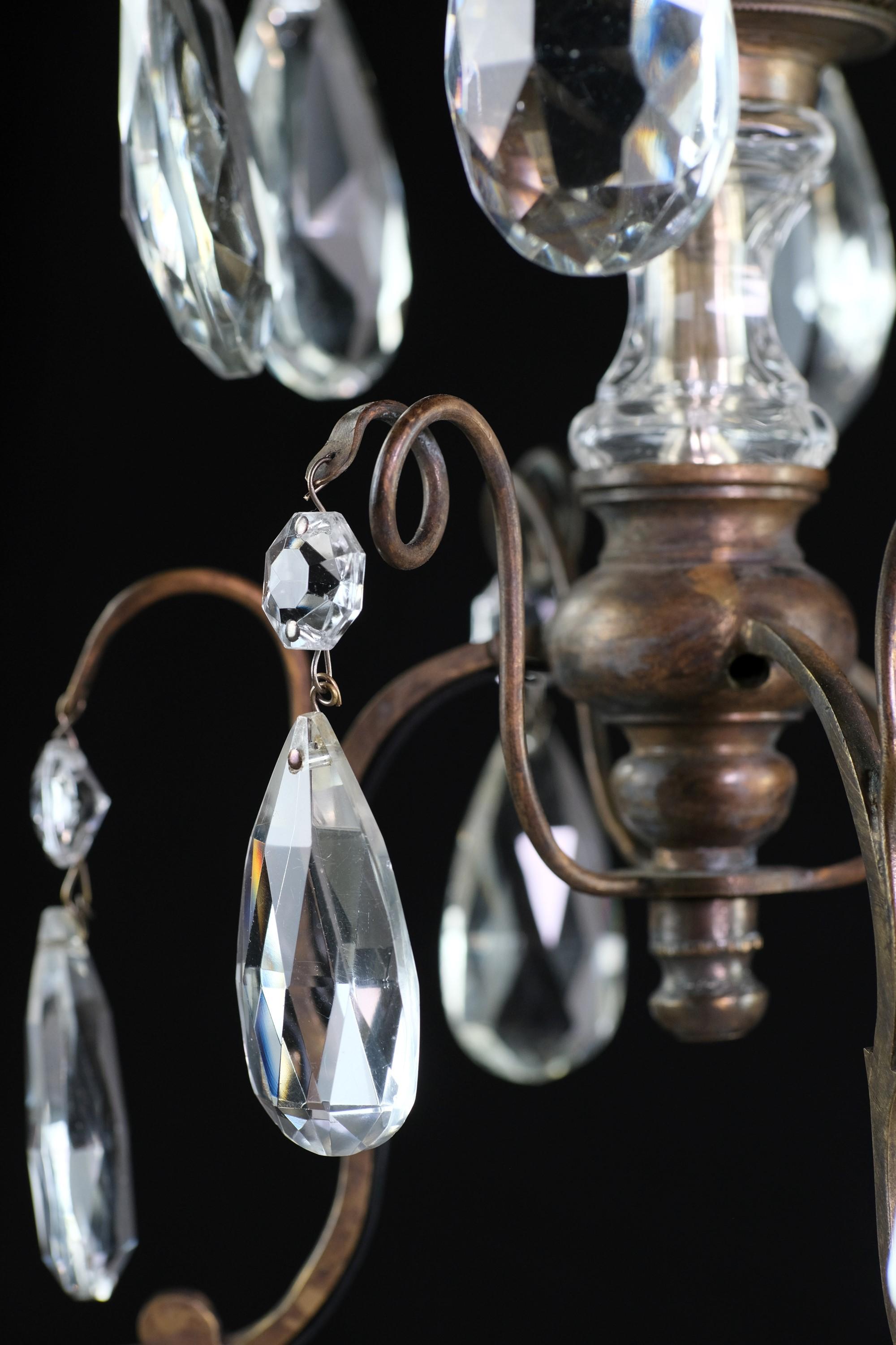 20th Century French 3 Arm Bronze Chandelier Crystal Bobeches Tear Drop Crystals For Sale