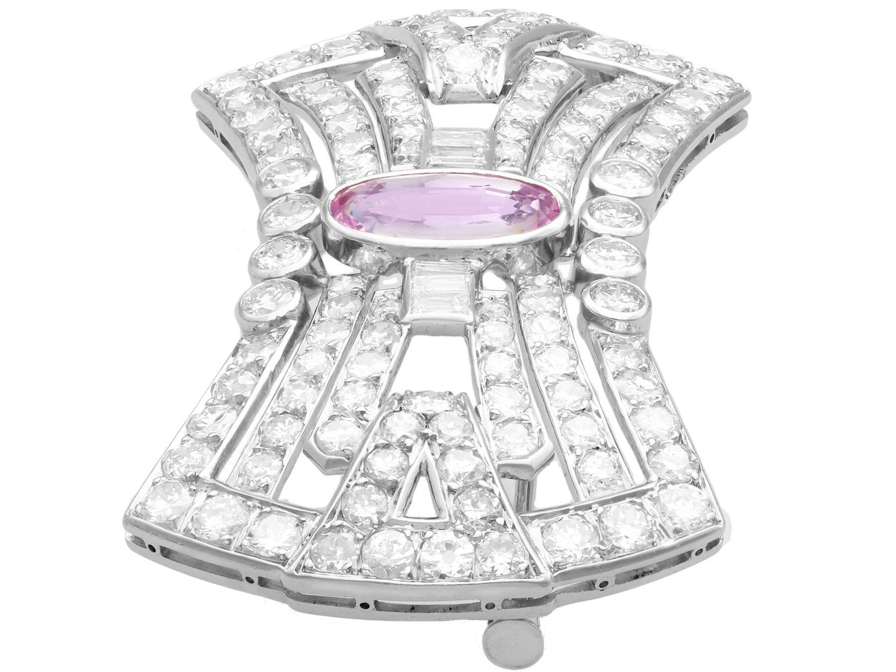 Oval Cut Antique French 3.08 Carat Pink Topaz and 7.02 Carat Diamond and Platinum Brooch For Sale