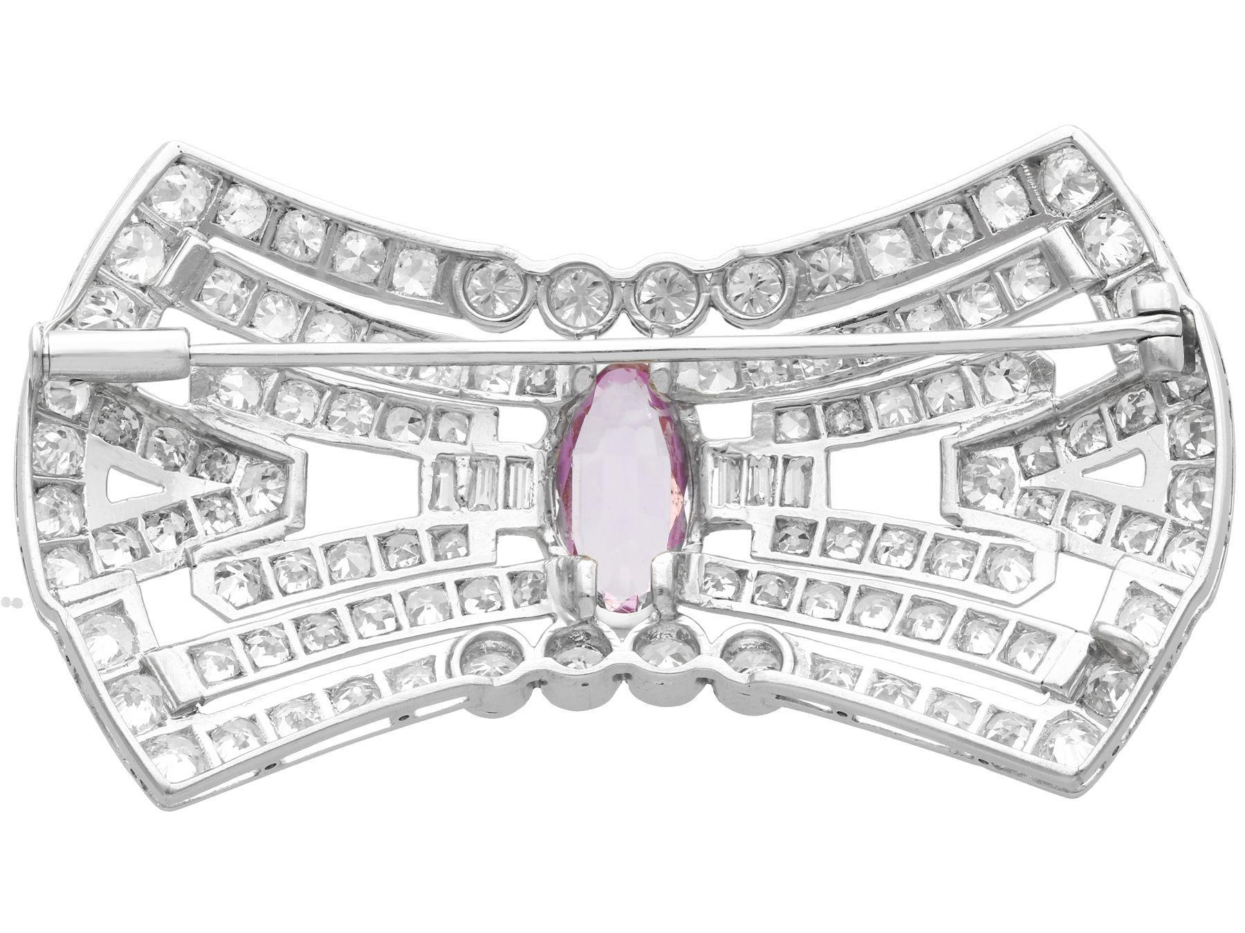 Women's or Men's Antique French 3.08 Carat Pink Topaz and 7.02 Carat Diamond and Platinum Brooch For Sale