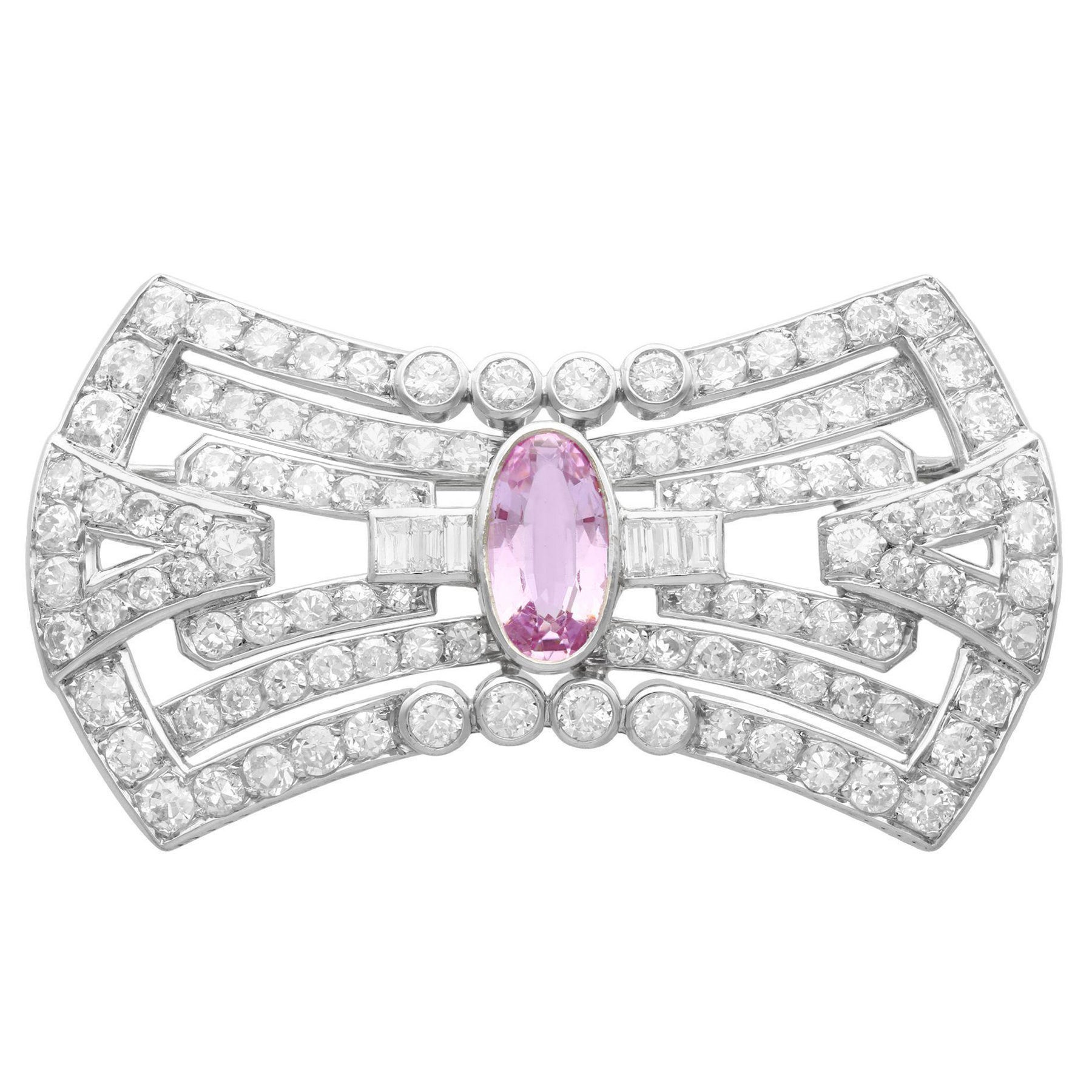 Antiguo broche francés de topacio rosa de 3,08 quilates y diamantes de 7,02 quilates y platino