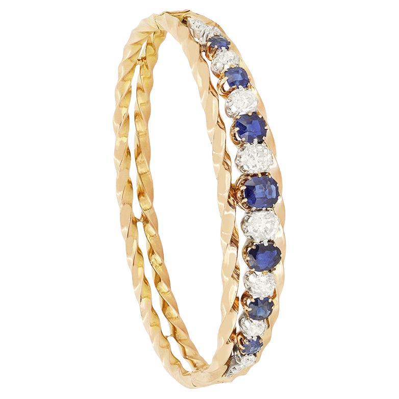 Brazalete francés antiguo de zafiro y diamantes de 3,40 ct, c.1900 en venta