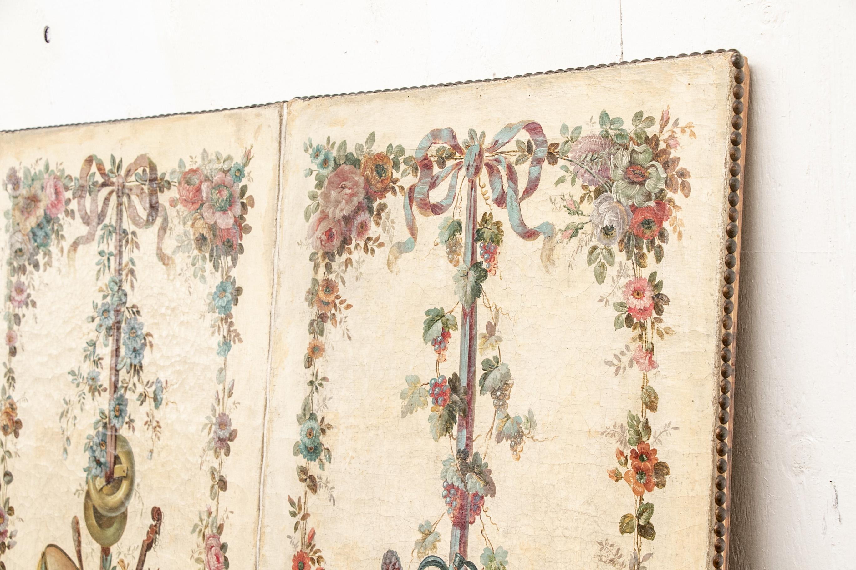 Oiled Antique French 4 Panel  19th Century Painted Screen