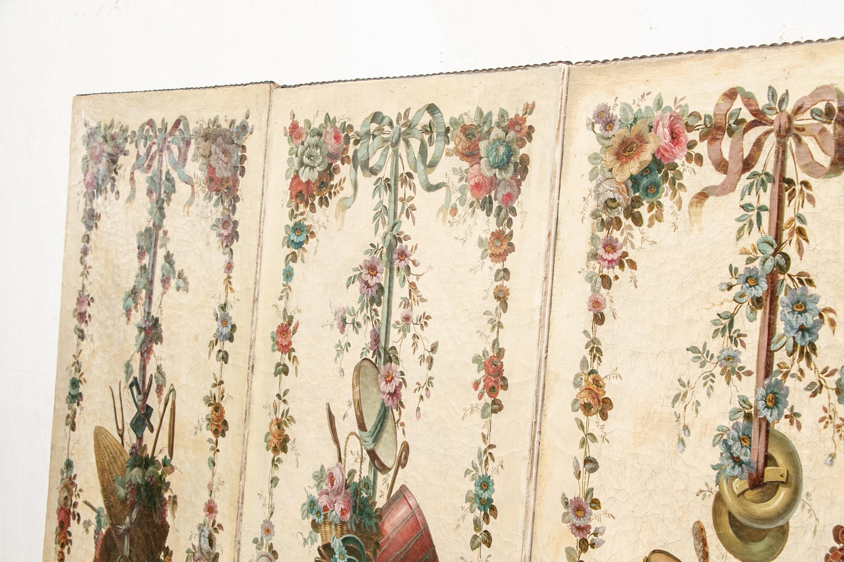 Antique French 4 Panel  19th Century Painted Screen In Good Condition In Bridgeport, CT