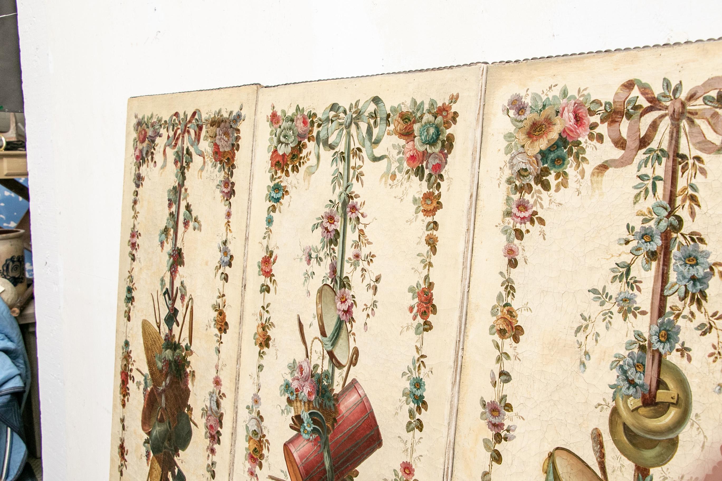 20th Century Antique French 4 Panel  19th Century Painted Screen