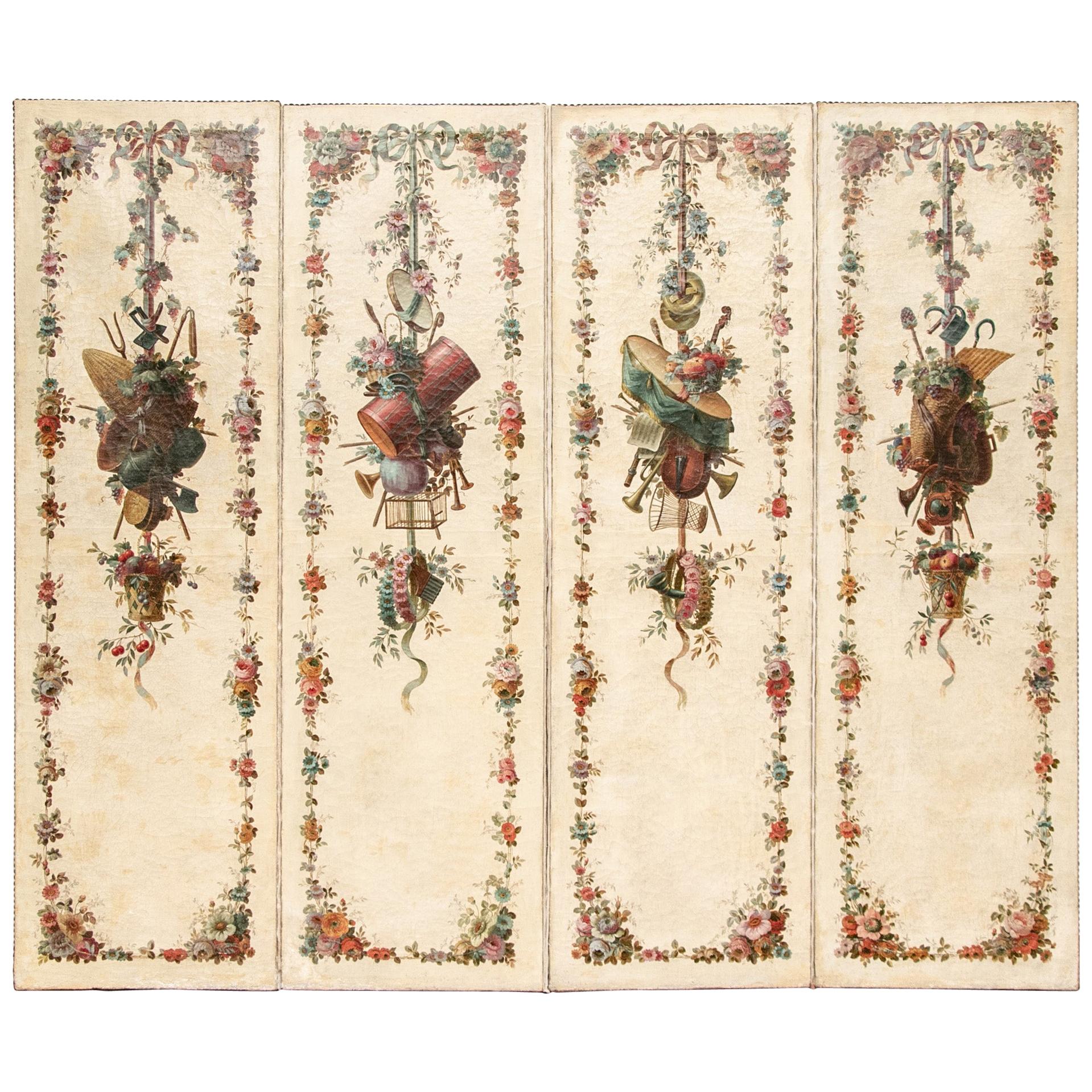 Antique French 4 Panel  19th Century Painted Screen