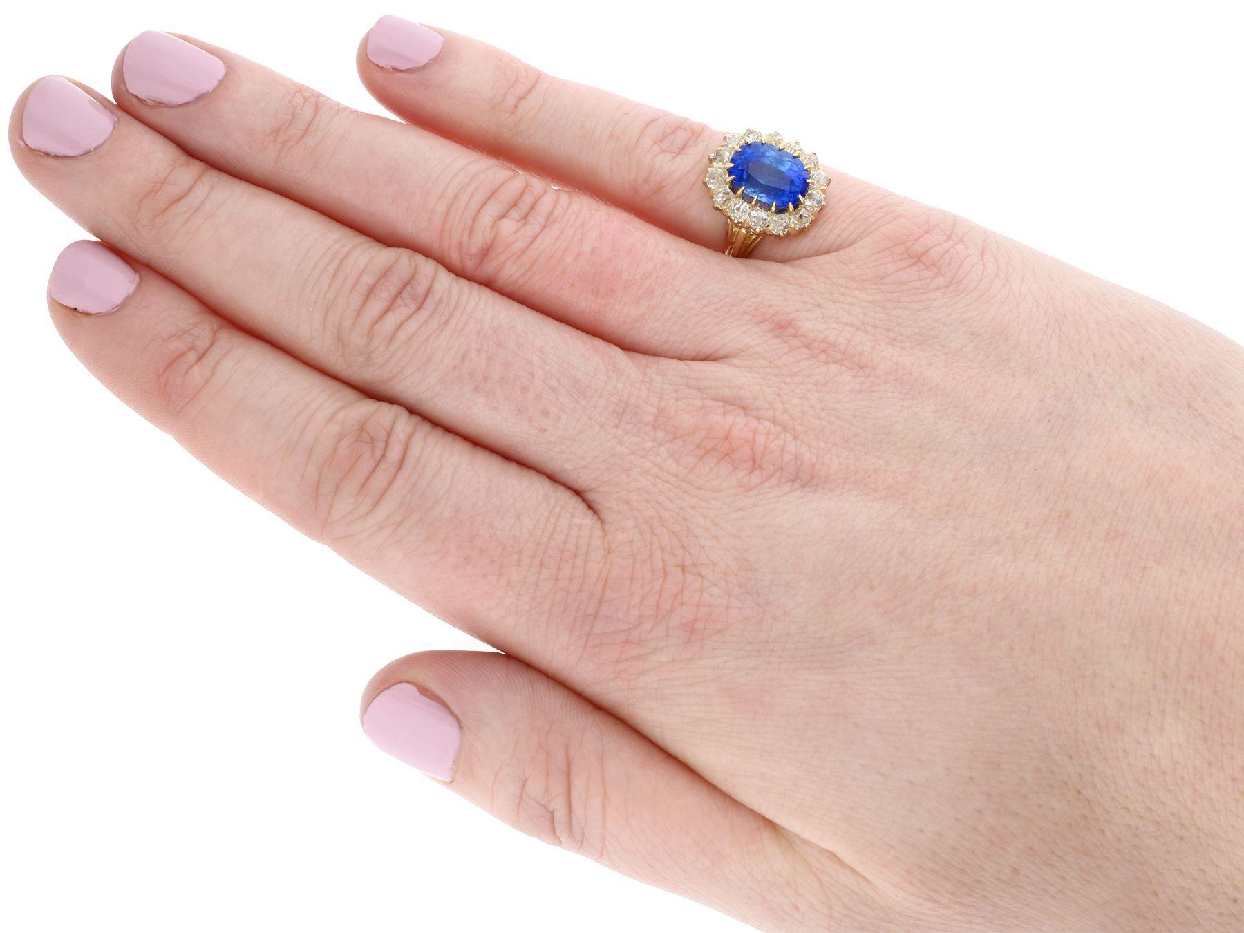 Antique French 4.81 Carat Sapphire 1.26 Carat Diamond Yellow Gold Cluster Ring For Sale 1