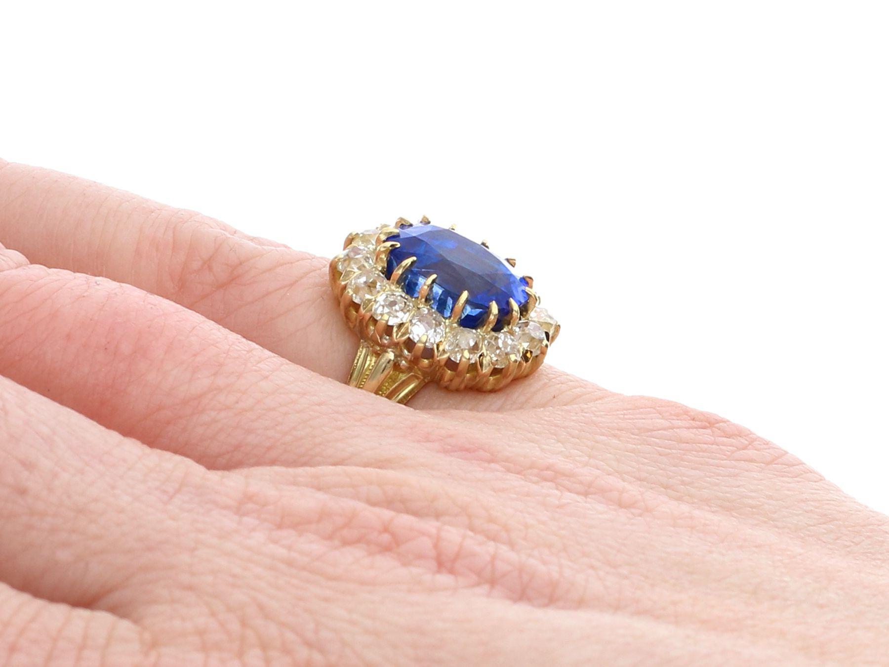 Antique French 4.81 Carat Sapphire 1.26 Carat Diamond Yellow Gold Cluster Ring For Sale 2