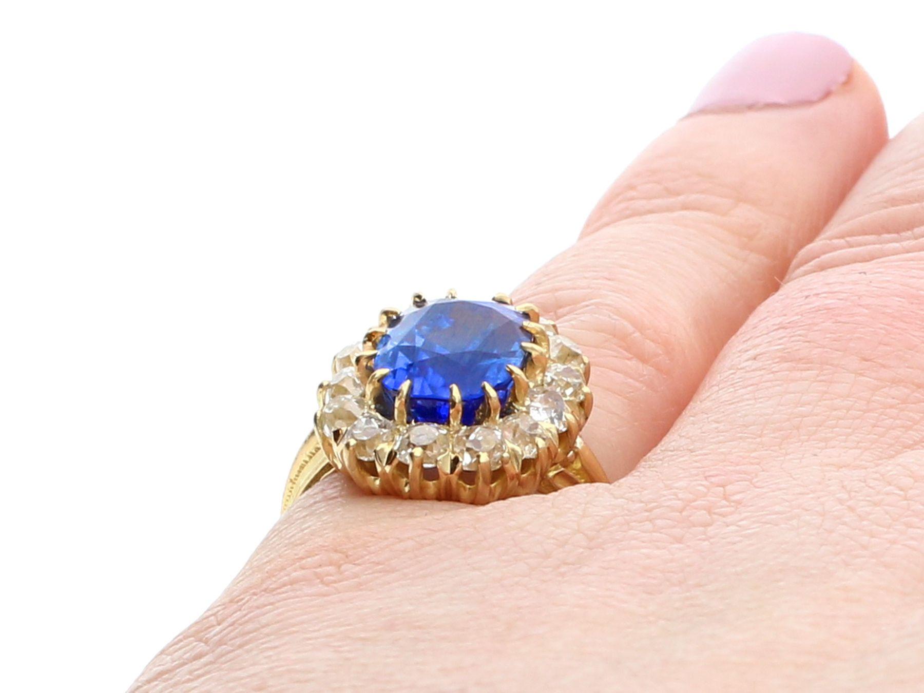 Antique French 4.81 Carat Sapphire 1.26 Carat Diamond Yellow Gold Cluster Ring For Sale 3