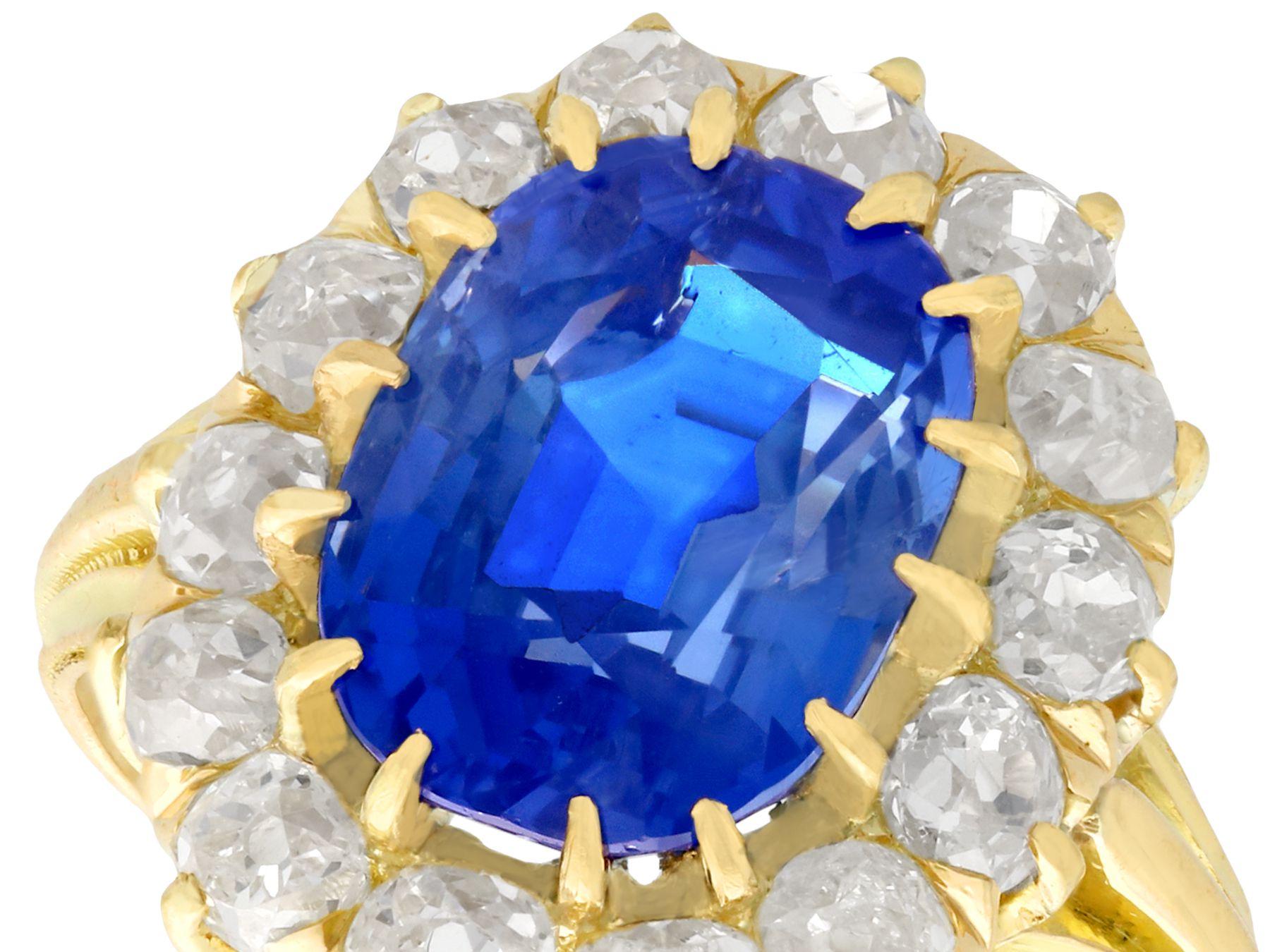 Old European Cut Antique French 4.81 Carat Sapphire 1.26 Carat Diamond Yellow Gold Cluster Ring For Sale