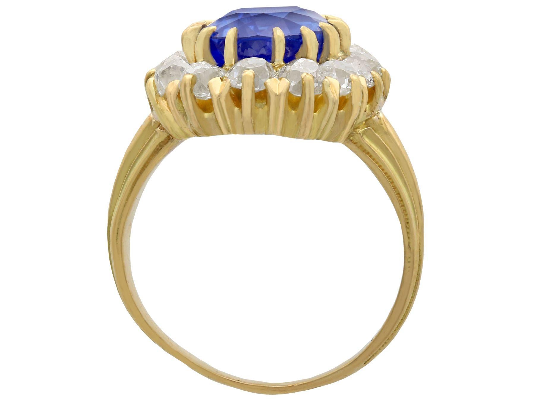 Women's or Men's Antique French 4.81 Carat Sapphire 1.26 Carat Diamond Yellow Gold Cluster Ring For Sale