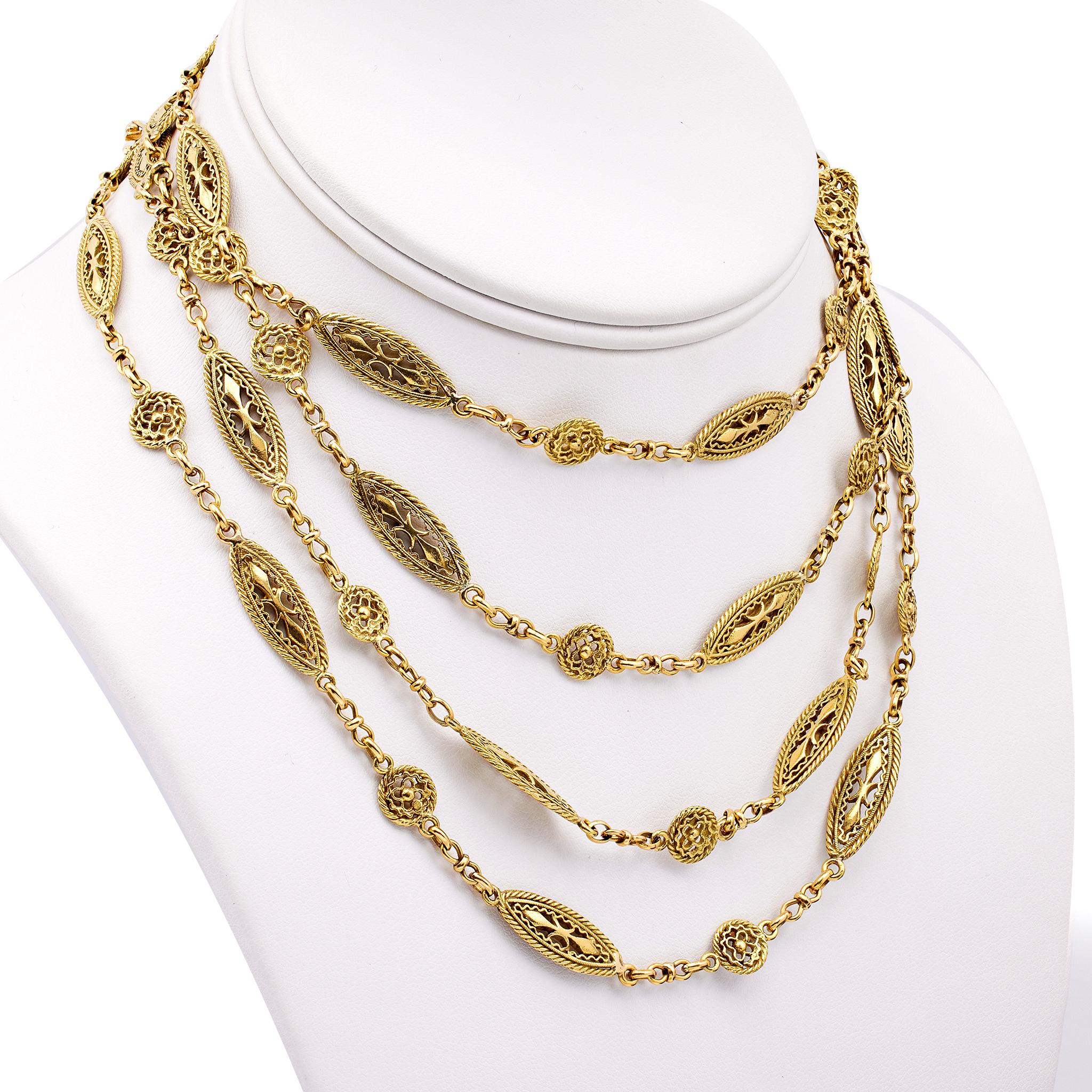 Women's or Men's Antique French 57 ½ Inch 18k Yellow Gold Fancy Link Chain