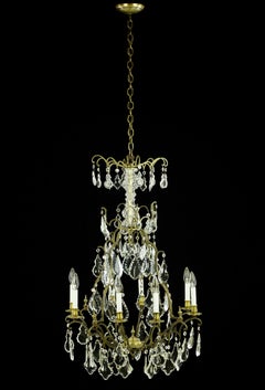 Antique French 8 Arm Brass Crystal Glass Chandelier