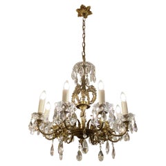 Antique French 8 Arm Clear Crystal Chandelier Brass Frame