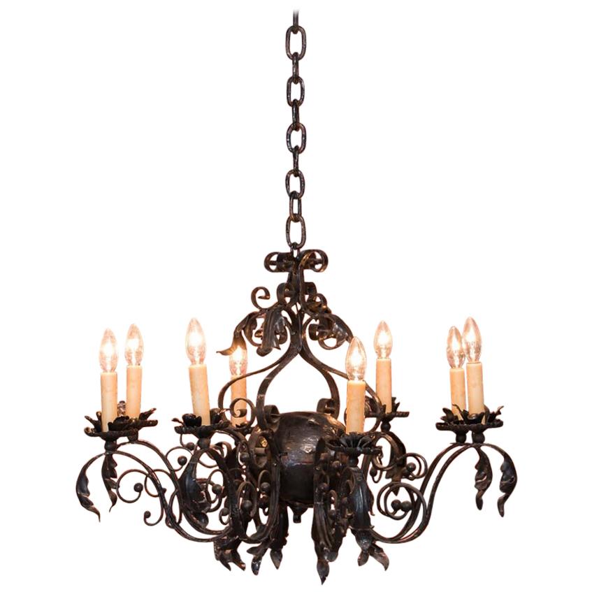 Antique French 8-Light Black Iron Chandelier