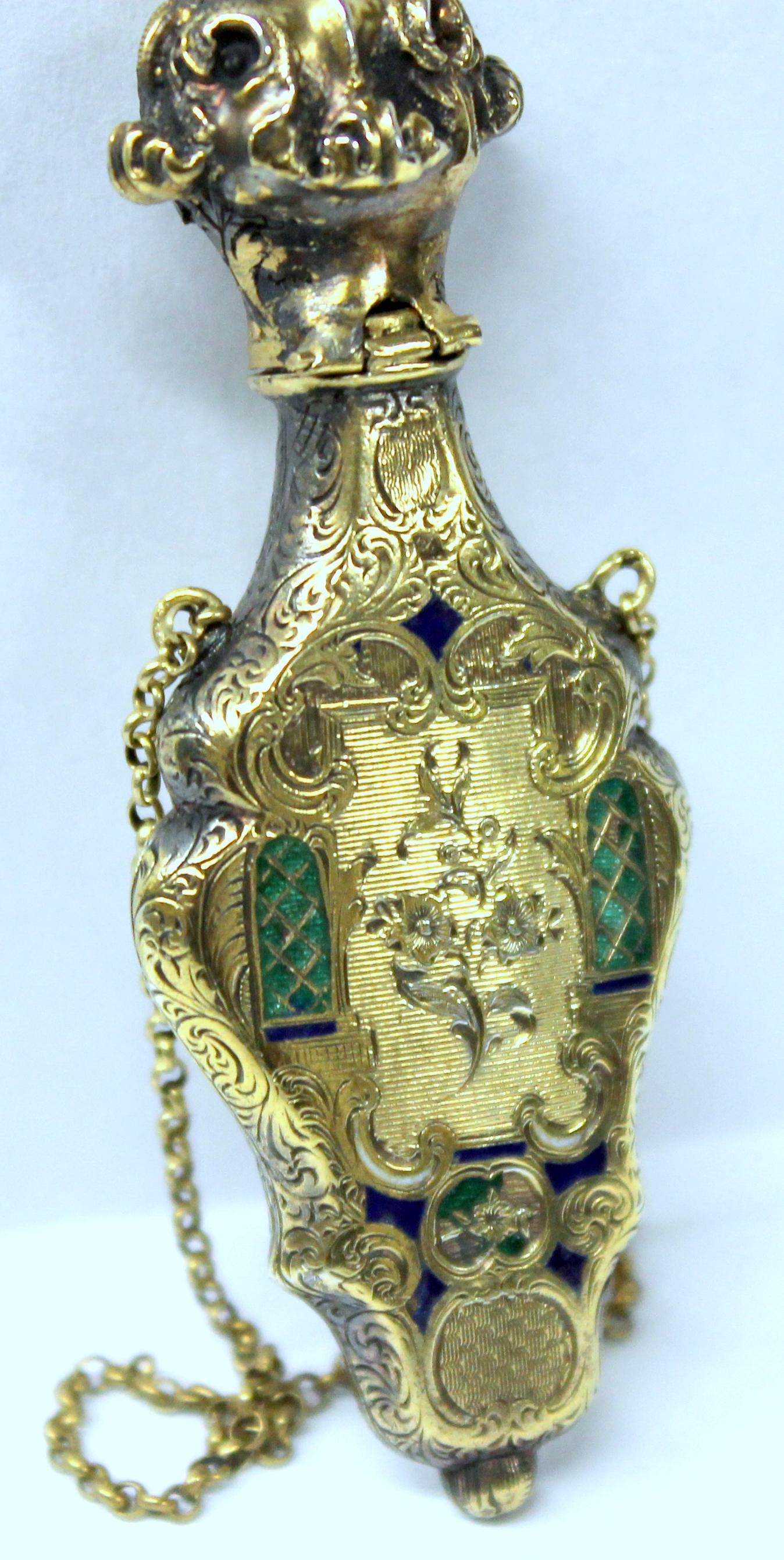 Antique French .800 Fine Silver Vermeil and Enamel Hand Engraved Scent Bottle 2