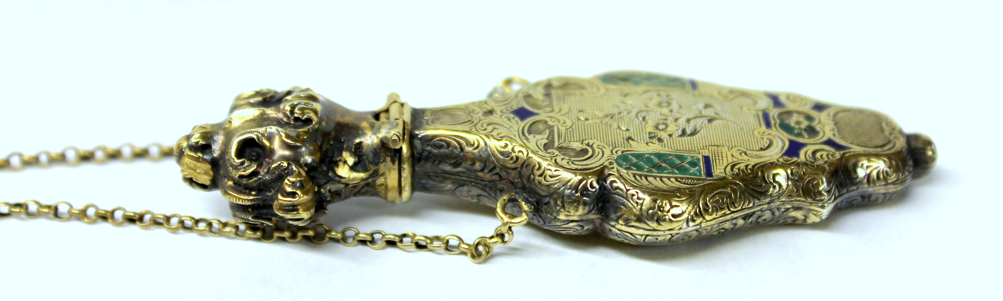 Antique French .800 Fine Silver Vermeil and Enamel Hand Engraved Scent Bottle 3