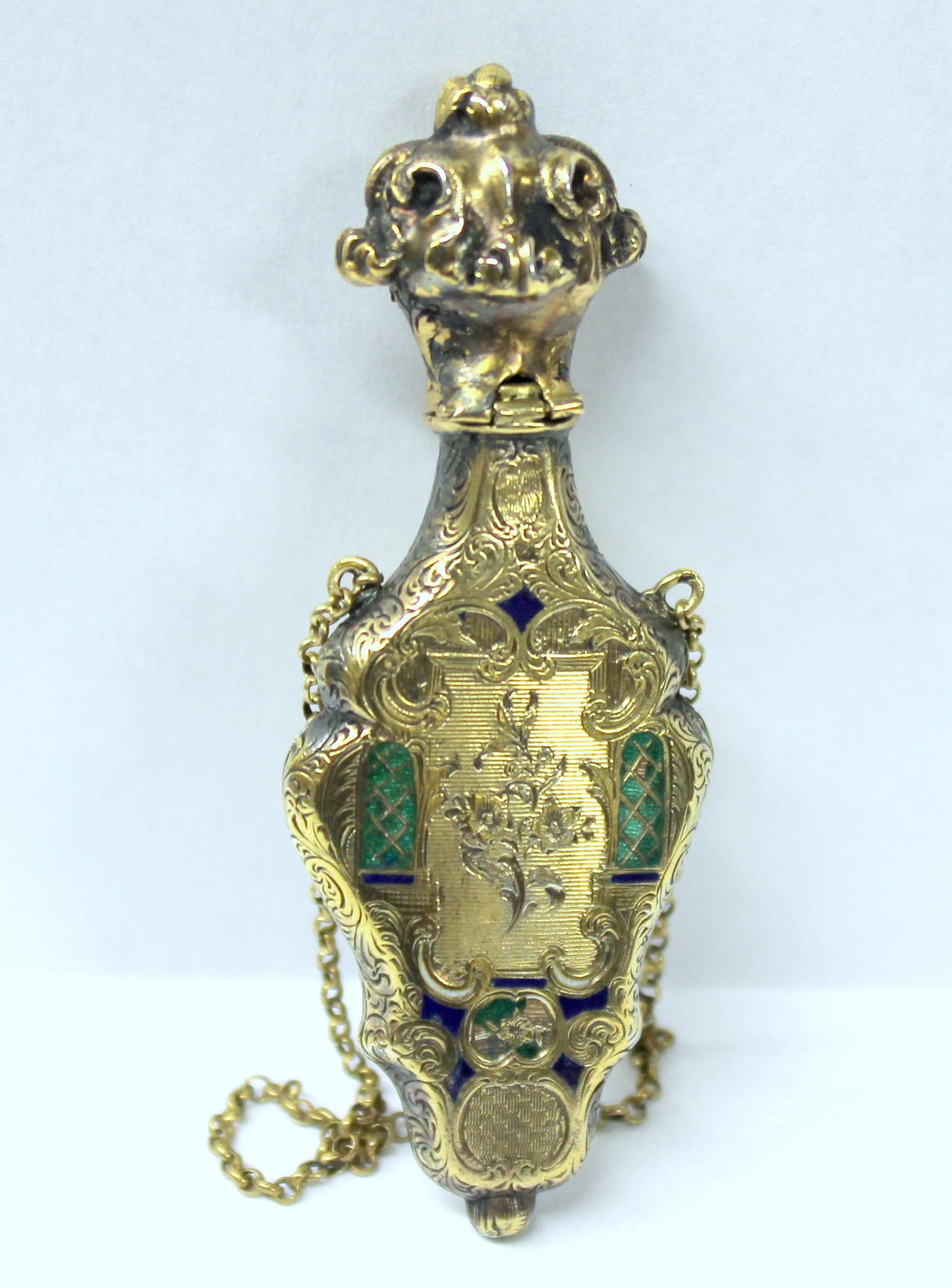 Antique French .800 Fine Silver Vermeil and Enamel Hand Engraved Scent Bottle 4