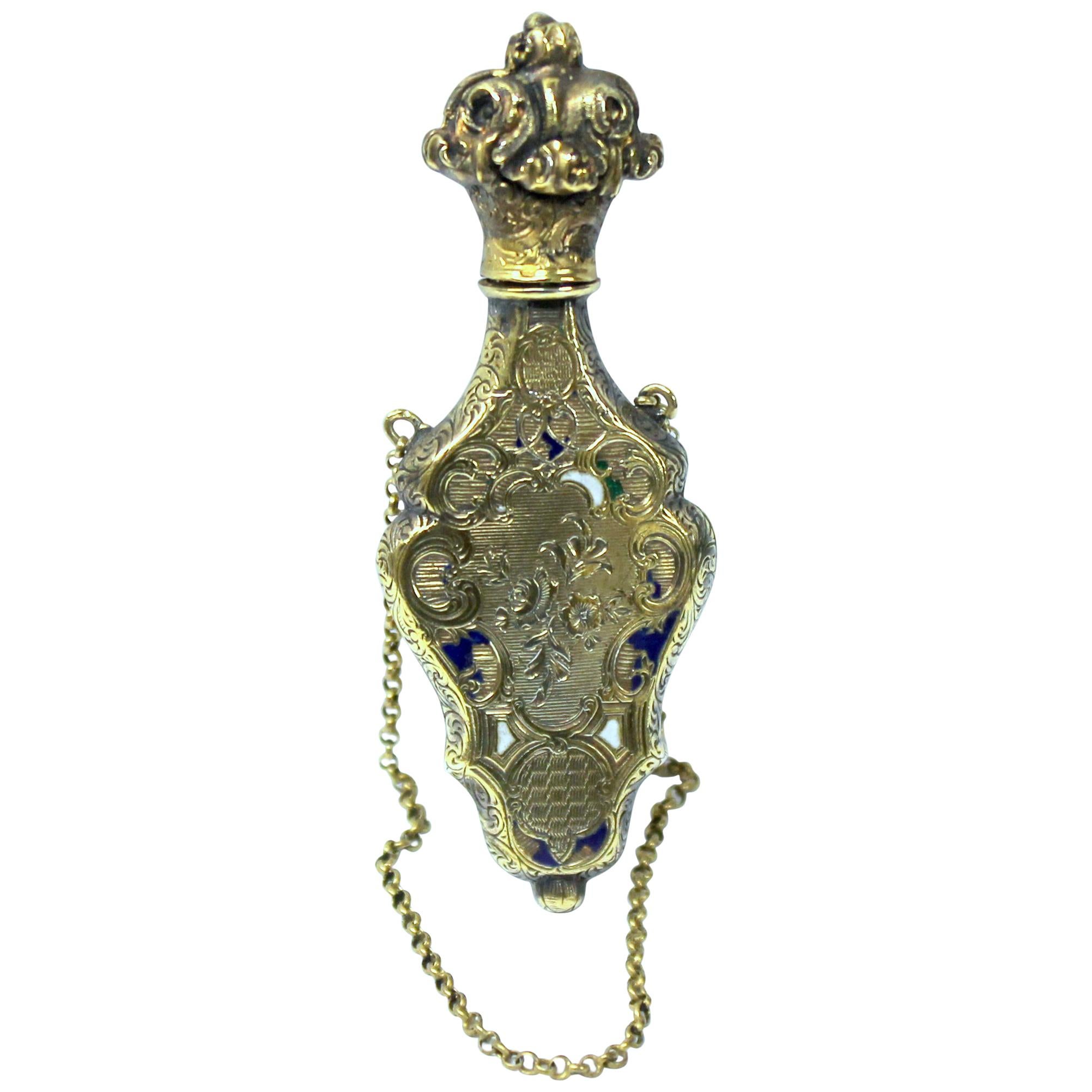 Antique French .800 Fine Silver Vermeil and Enamel Hand Engraved Scent Bottle