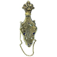 Antique French .800 Fine Silver Vermeil and Enamel Hand Engraved Scent Bottle