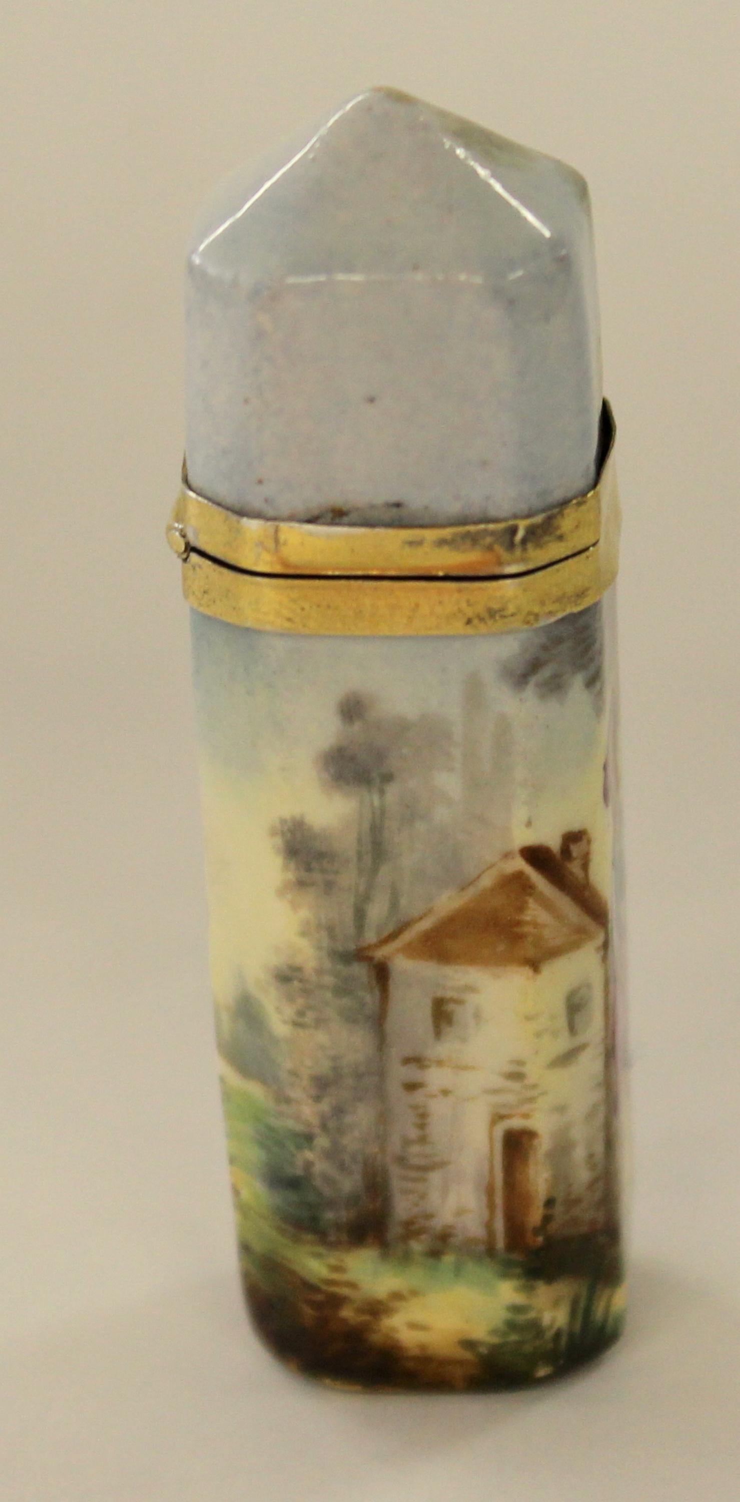 Engraved Antique French .800 Fine Silver Vermeil and Hand Painted Enamel Scent Bottle