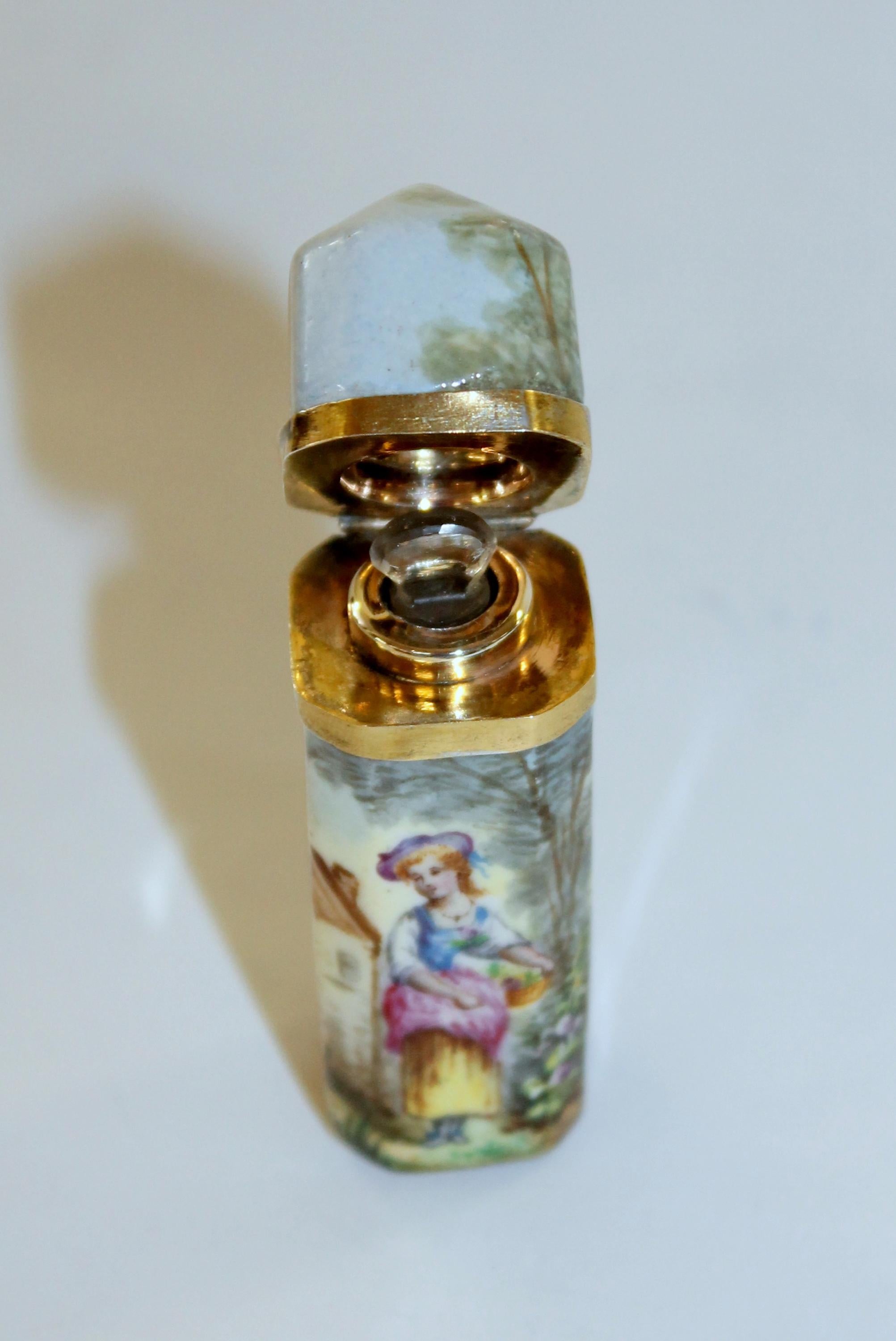 Antique French .800 Fine Silver Vermeil and Hand Painted Enamel Scent Bottle 2