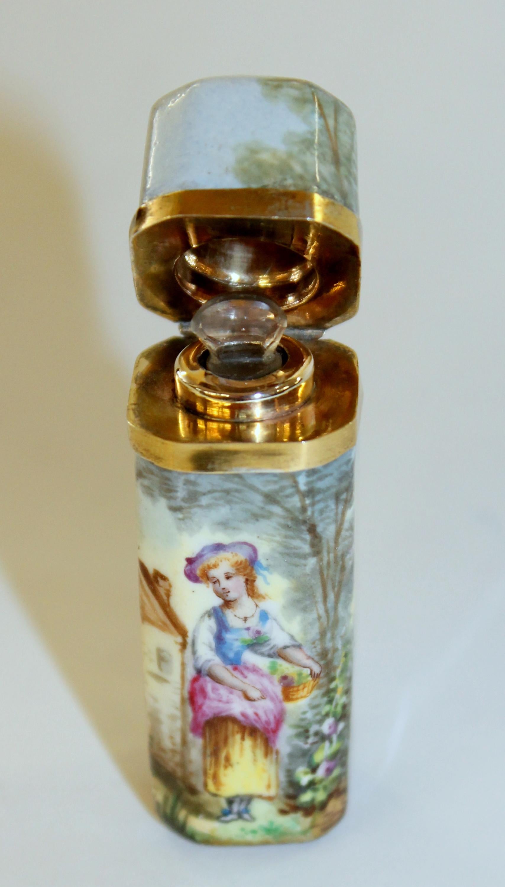 Antique French .800 Fine Silver Vermeil and Hand Painted Enamel Scent Bottle 3