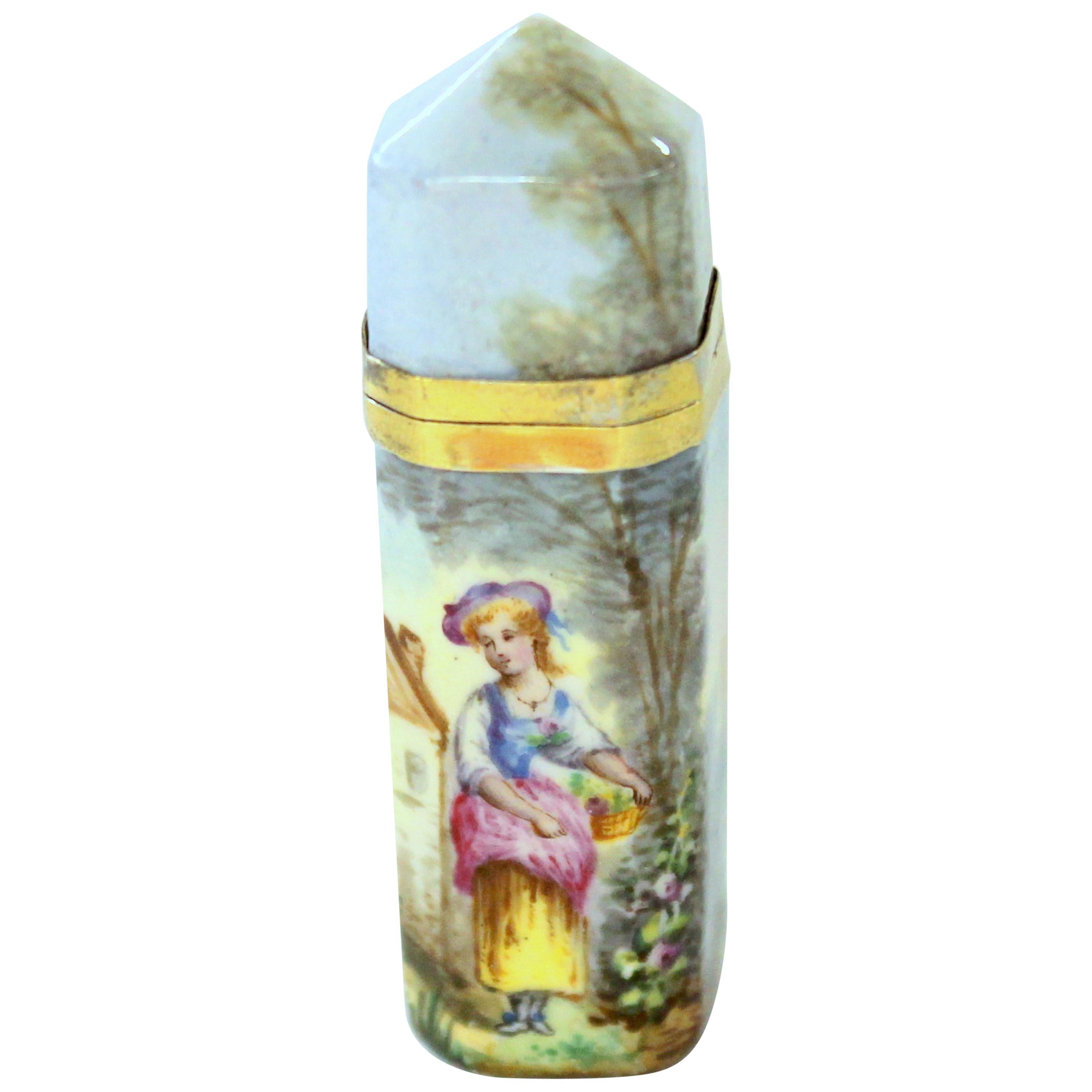 Antique French .800 Fine Silver Vermeil and Hand Painted Enamel Scent Bottle