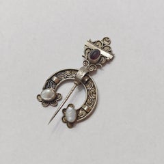 Antique French 800 Silver Fibula Brooch, Amethyst Cabochon, Pro